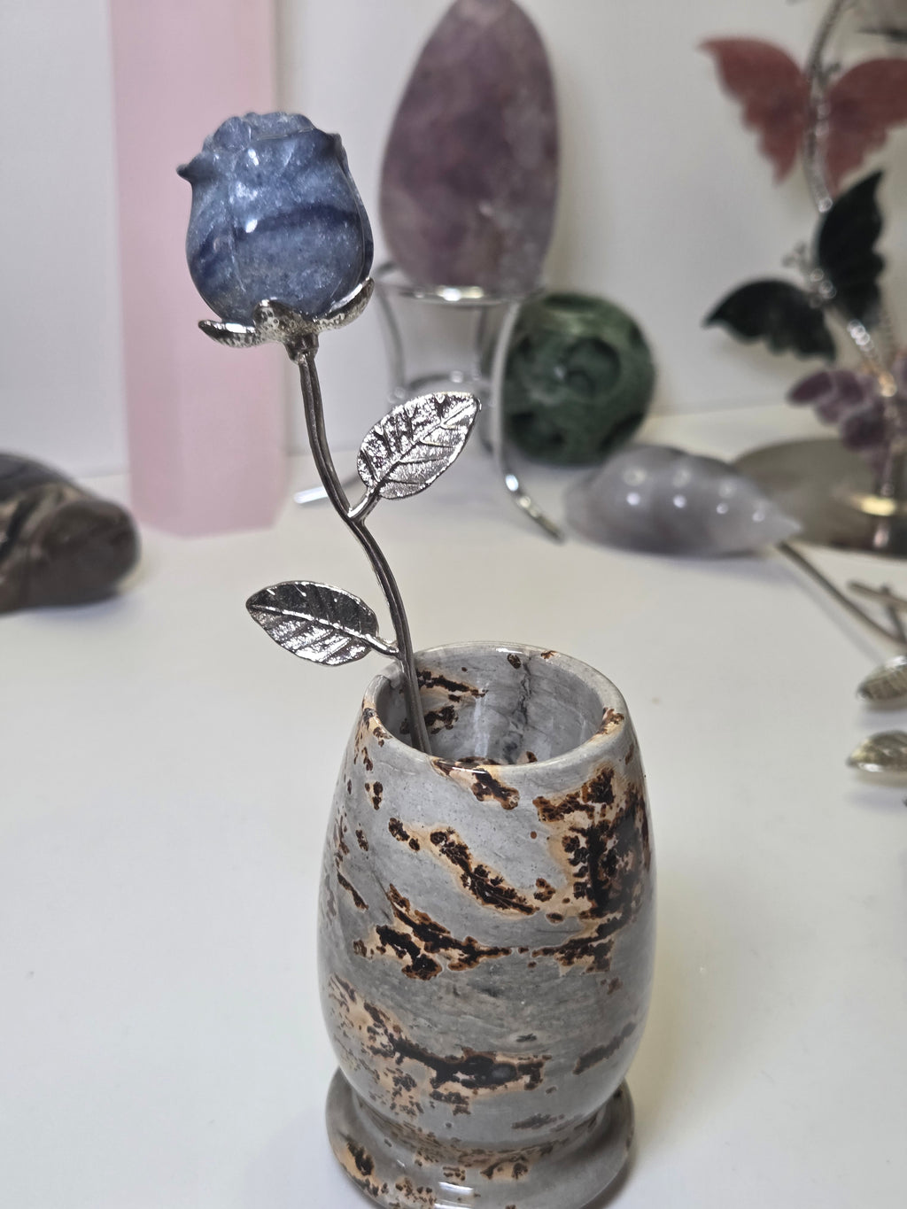 Blue Aventurine crystal rose carving on a stem