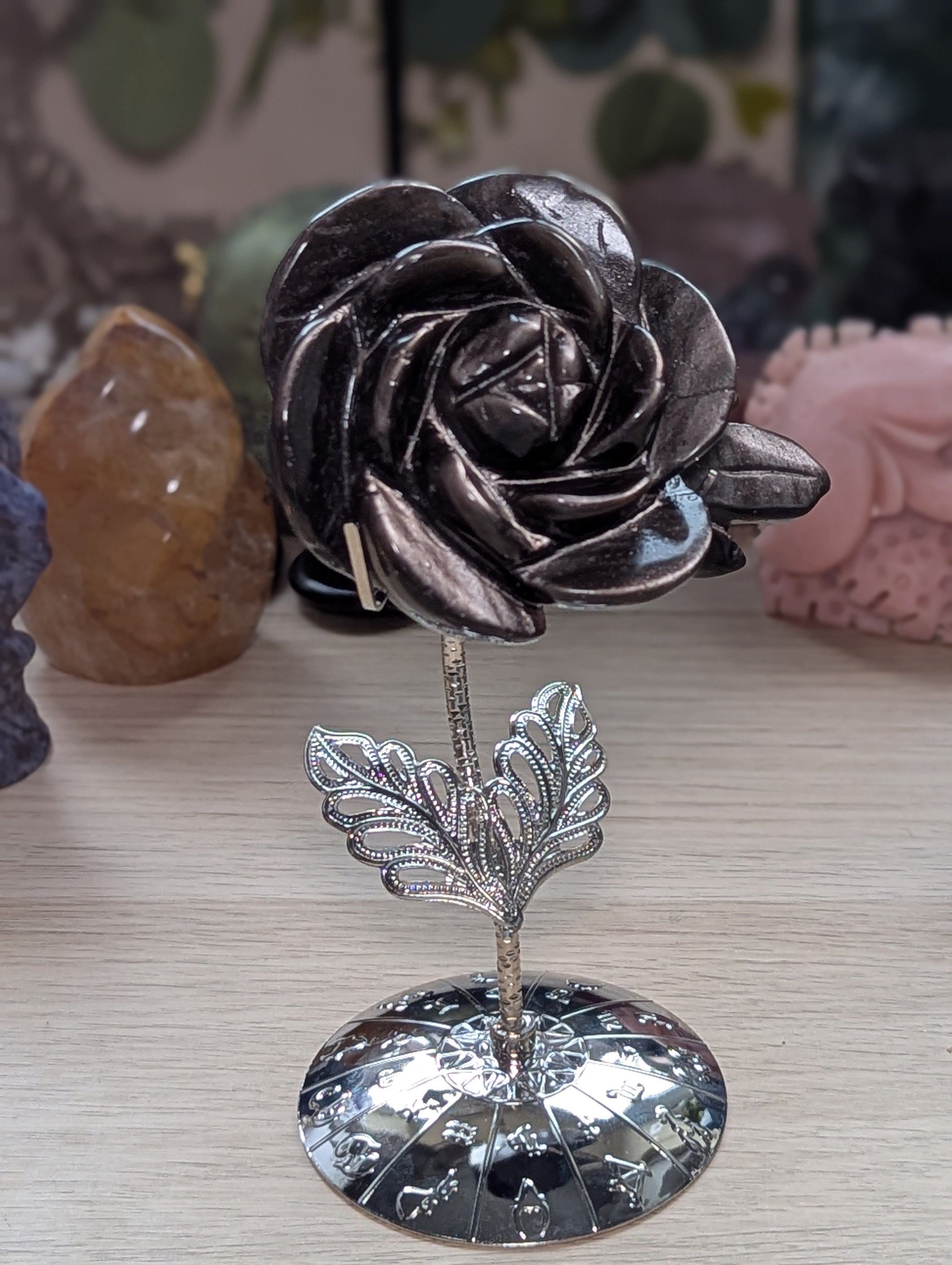 Silver sheen obsidian crystal rose carving with stand