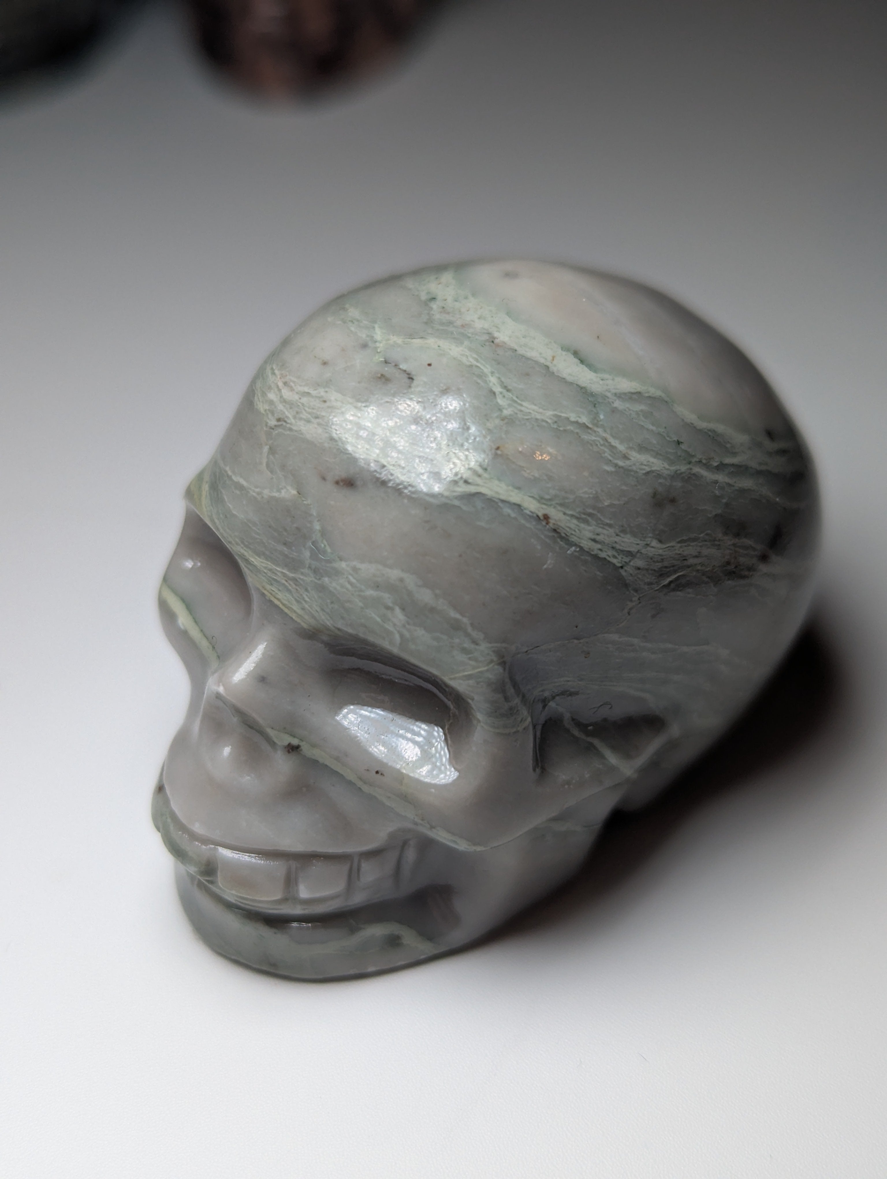 Green vain Jasper crystal skull