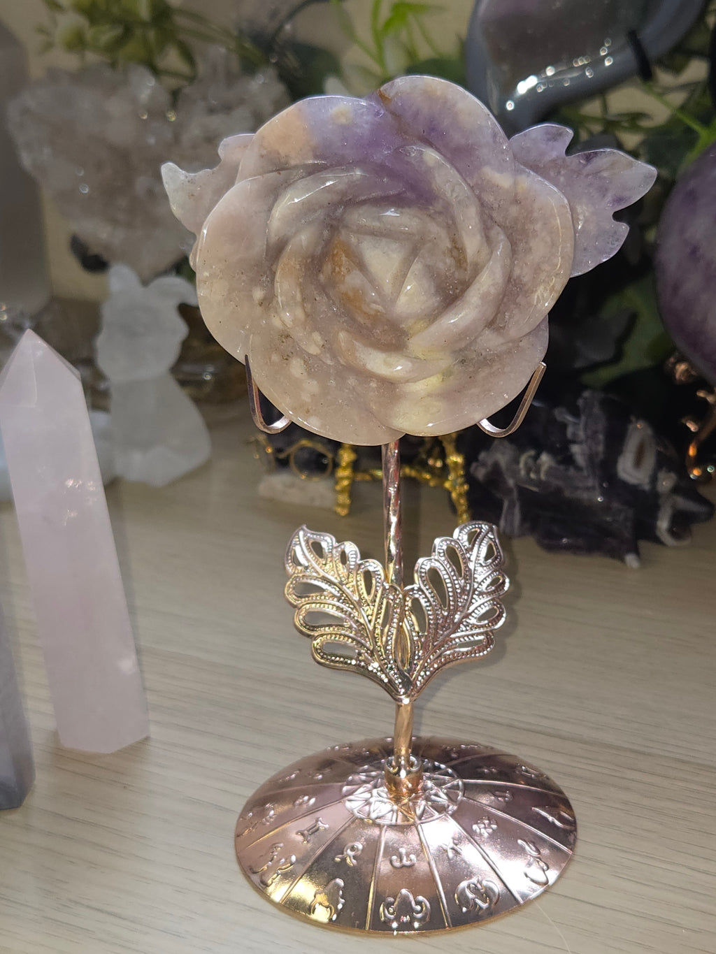 Amethyst Flower agate crystal rose carving with stand