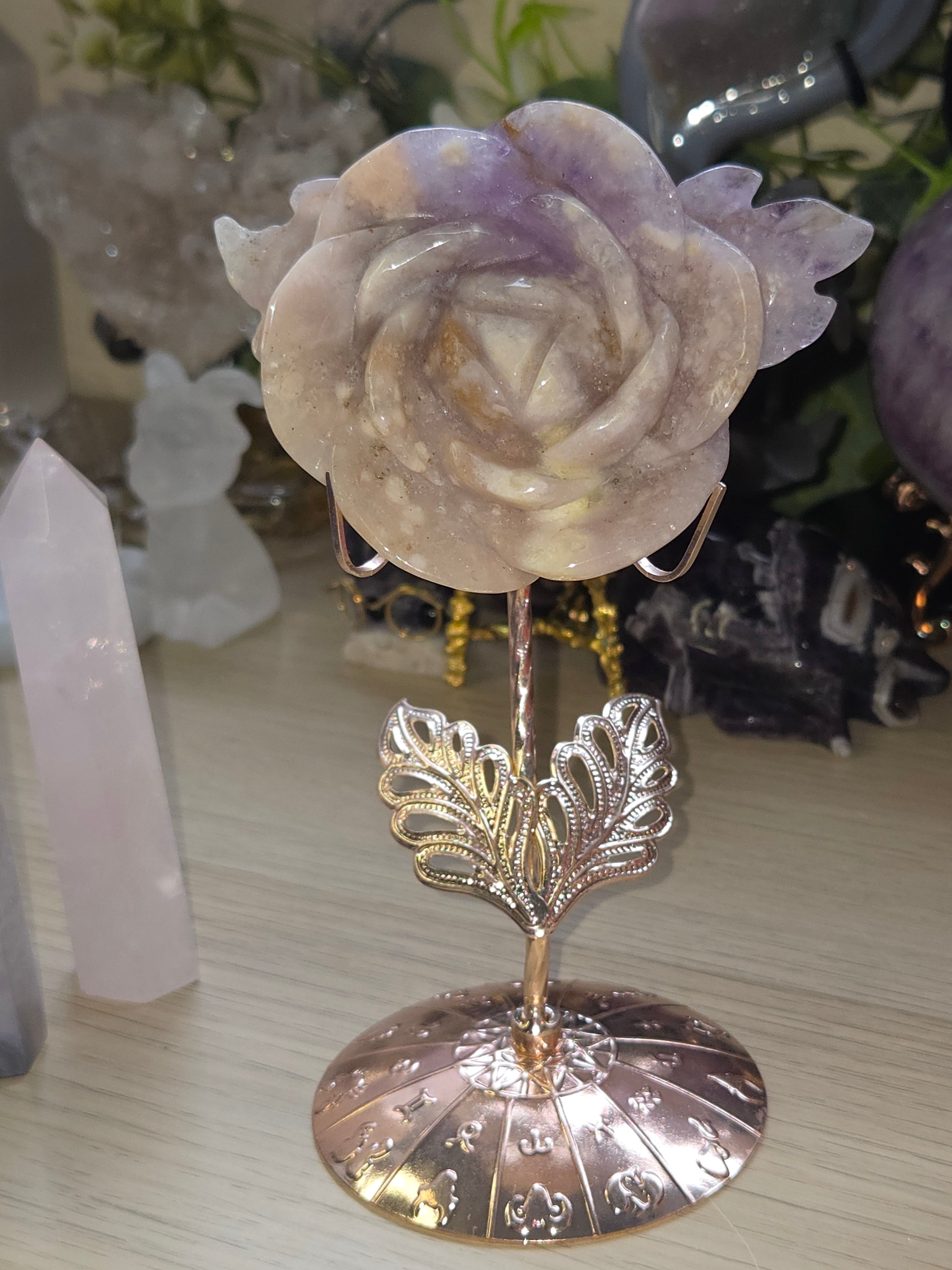 Amethyst Flower agate crystal rose carving with stand
