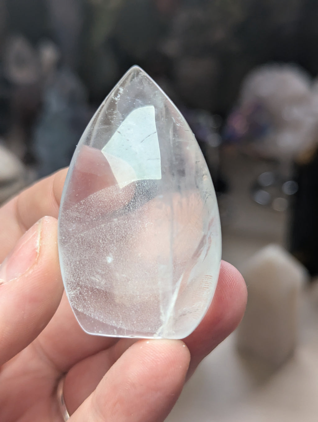 Clear quartz crystal tear drop carving