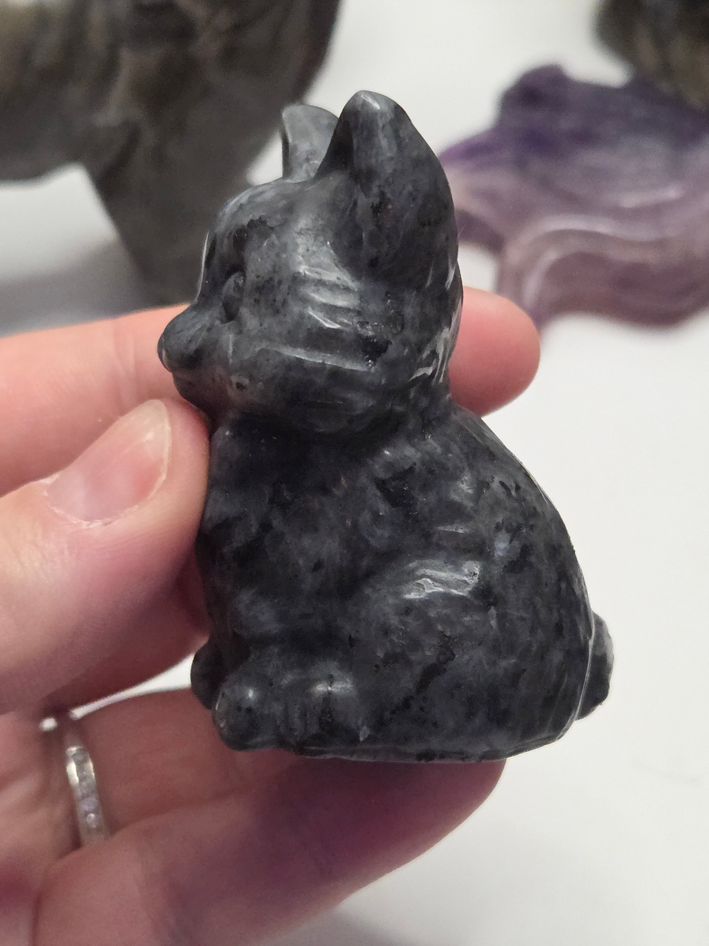 Larvakite crystal cat with  bow carving