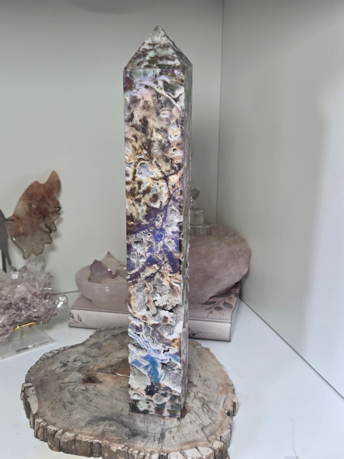 Aura coated Sphelerite crystal tower carving