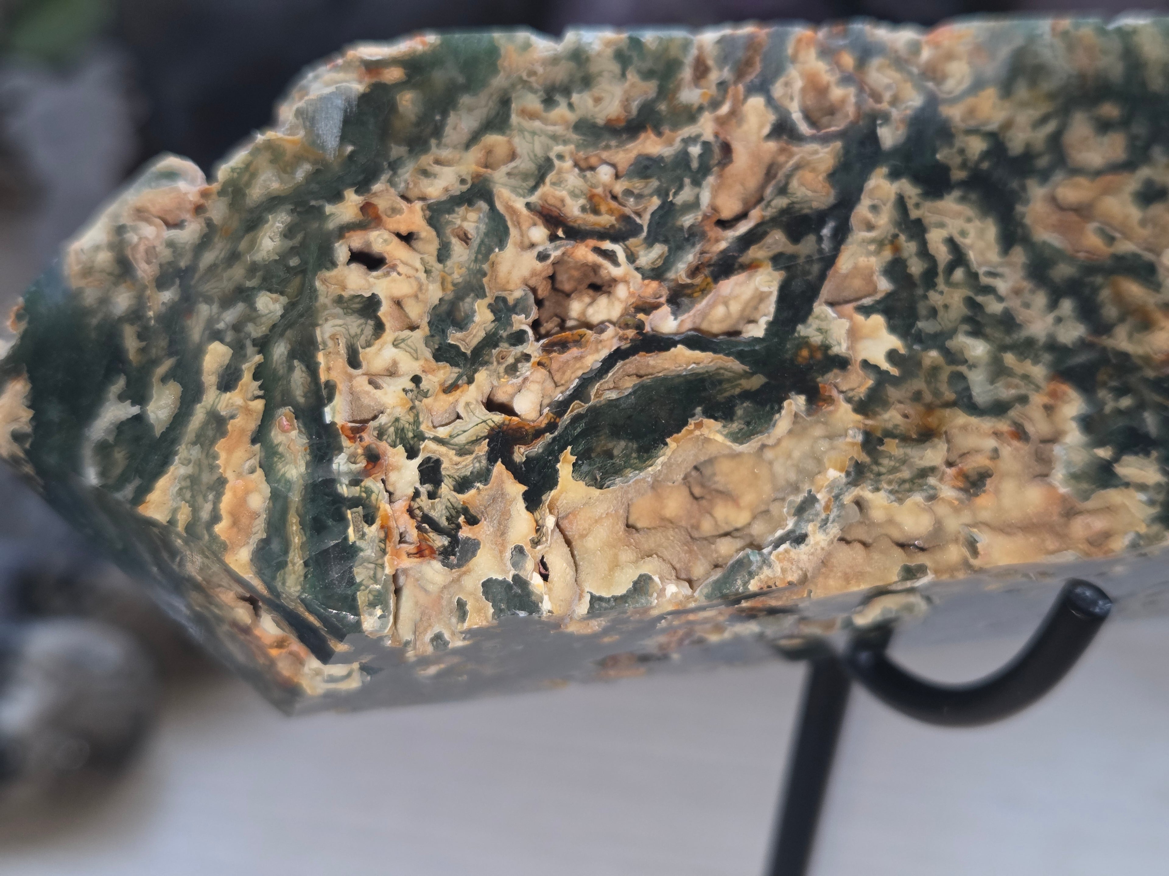 Large Crystal moss agate tower with imperfections as does not stand alone comes with stand