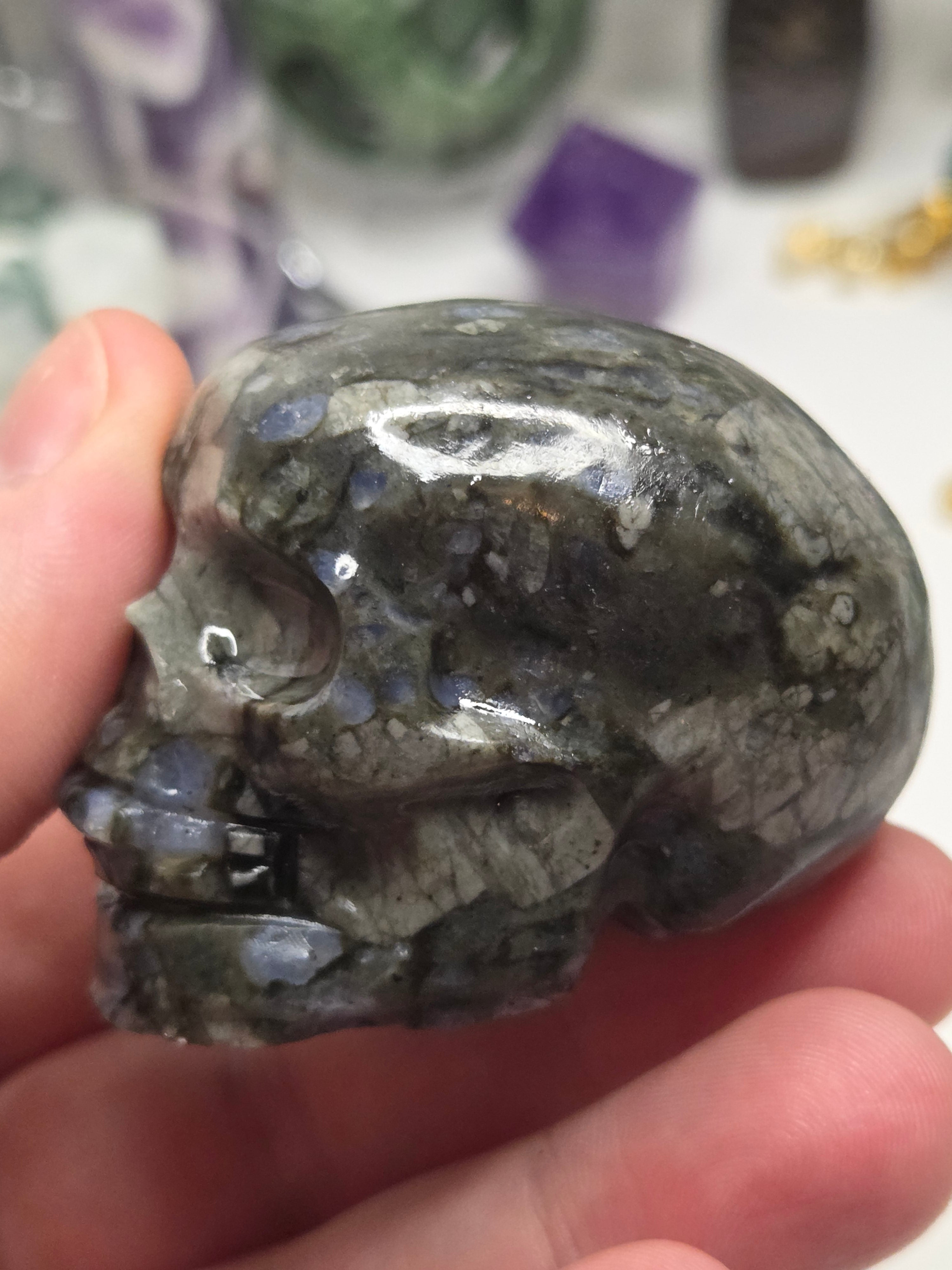 Blue spot crystal skull carving