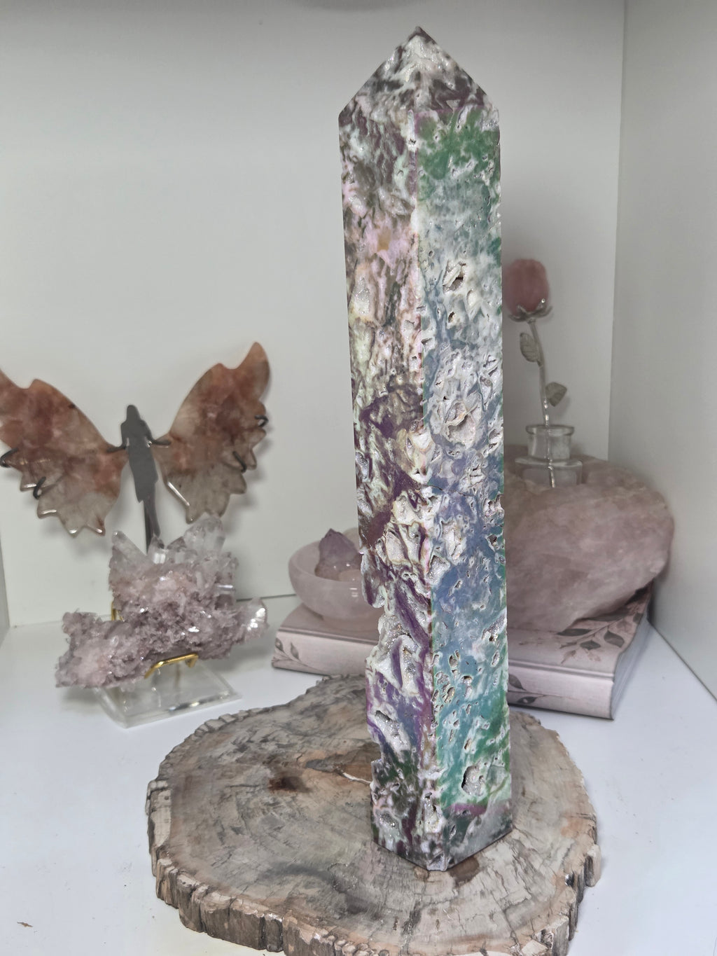 Aura coated Sphelerite crystal tower carving