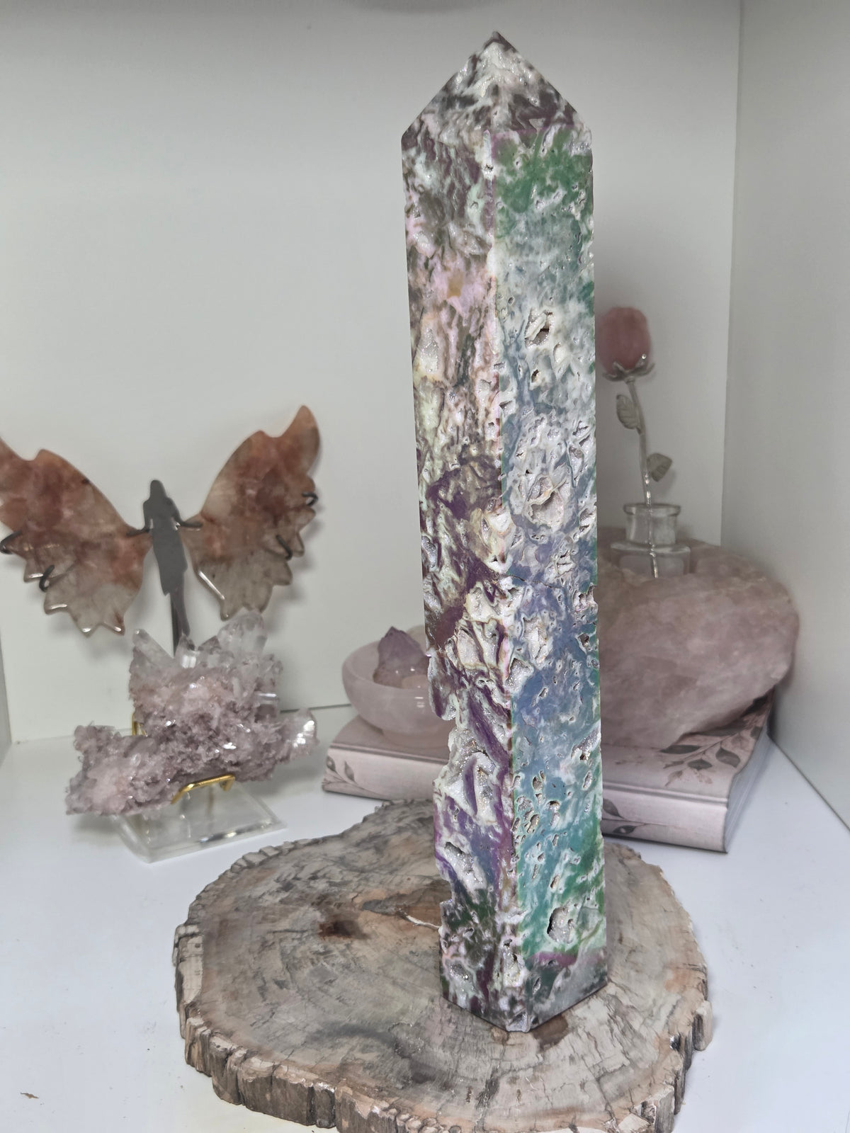 Aura coated Sphelerite crystal tower carving