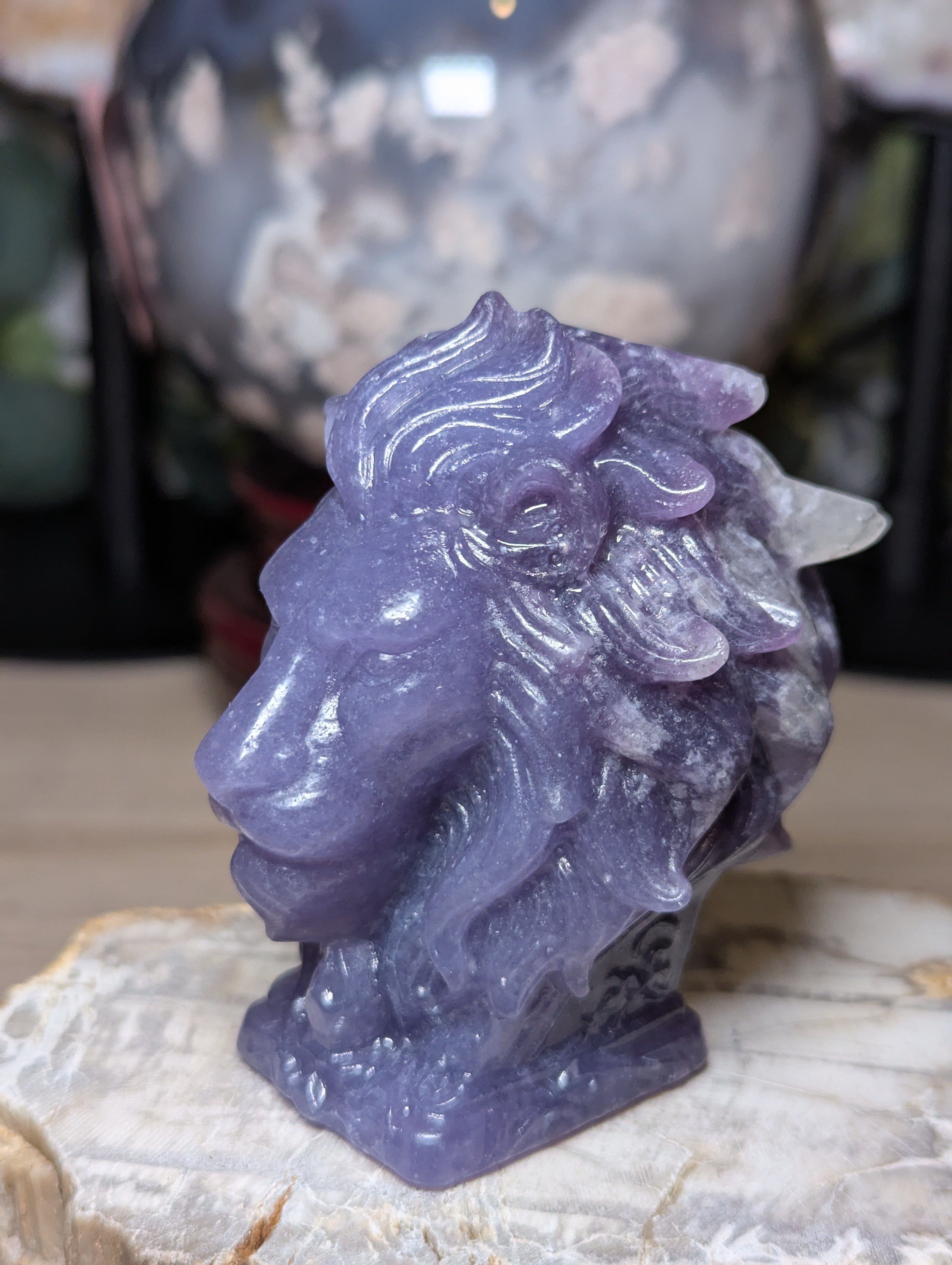 Lepidolite crystal large lion carving