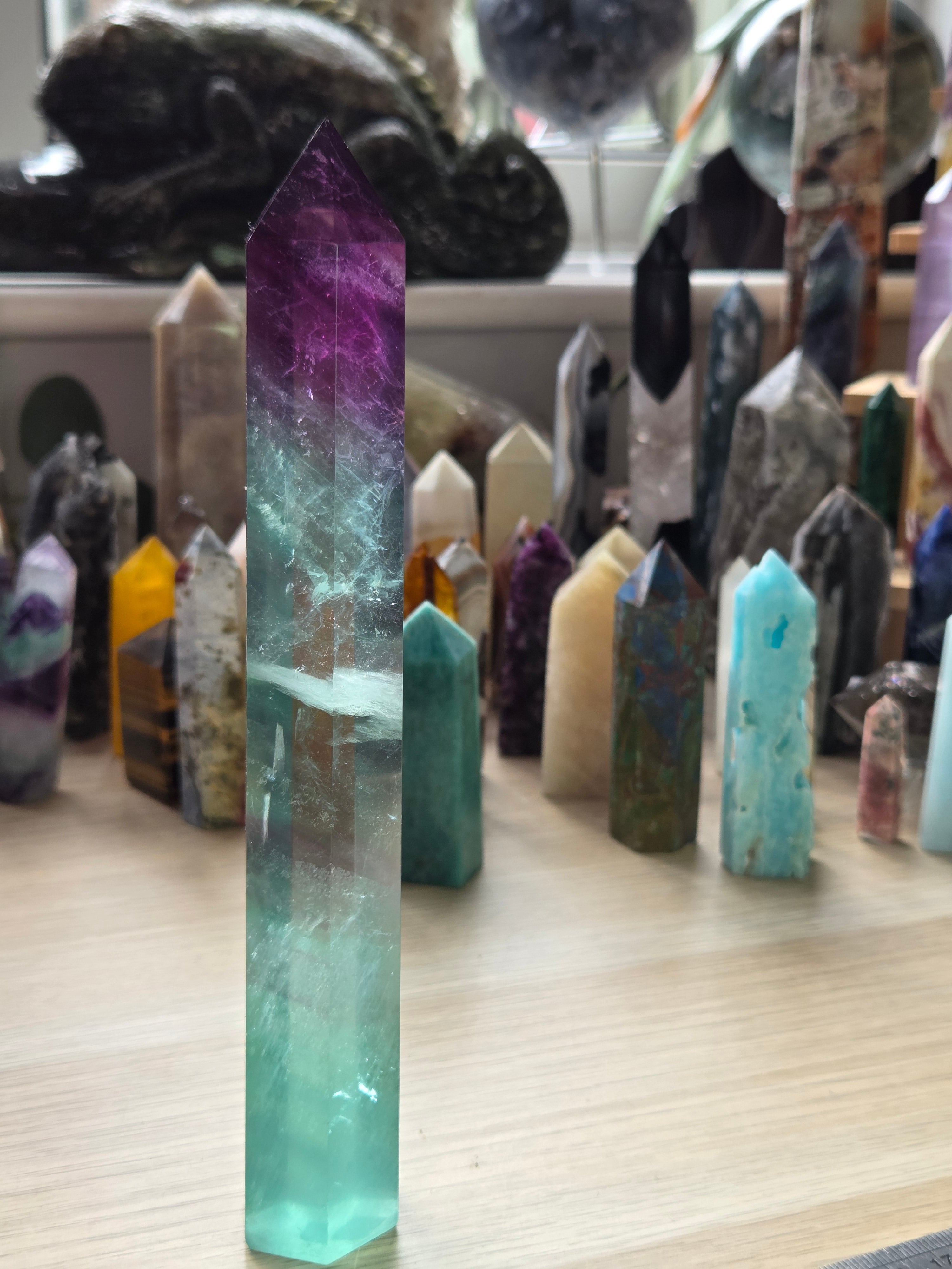Beautiful large Flourite crystal tower carving