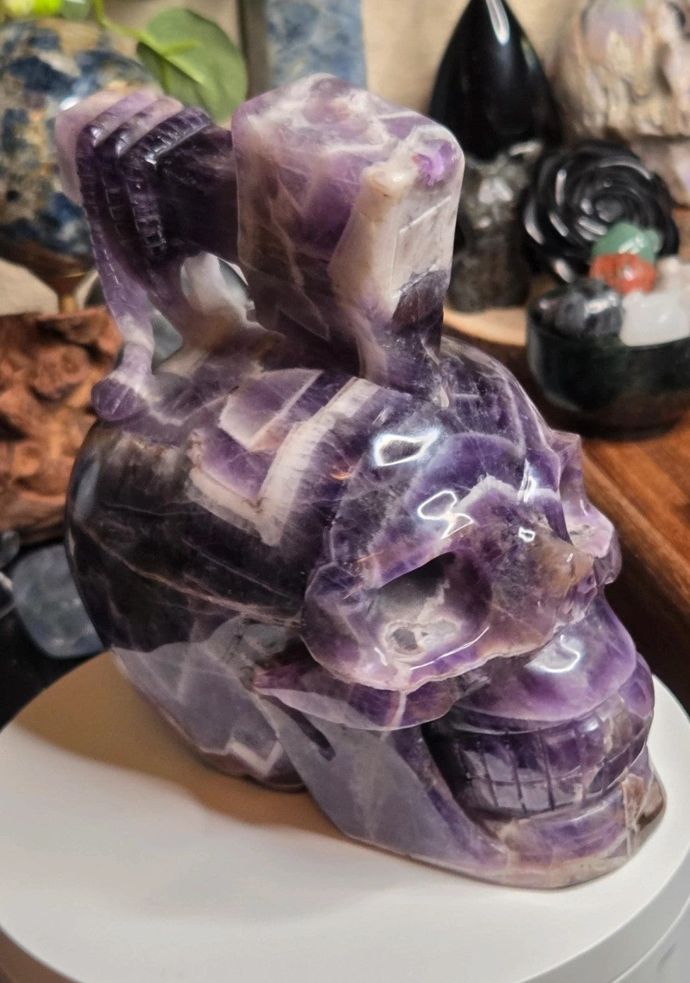 Sale - Large Dream Amethyst crystal skull and axe carving