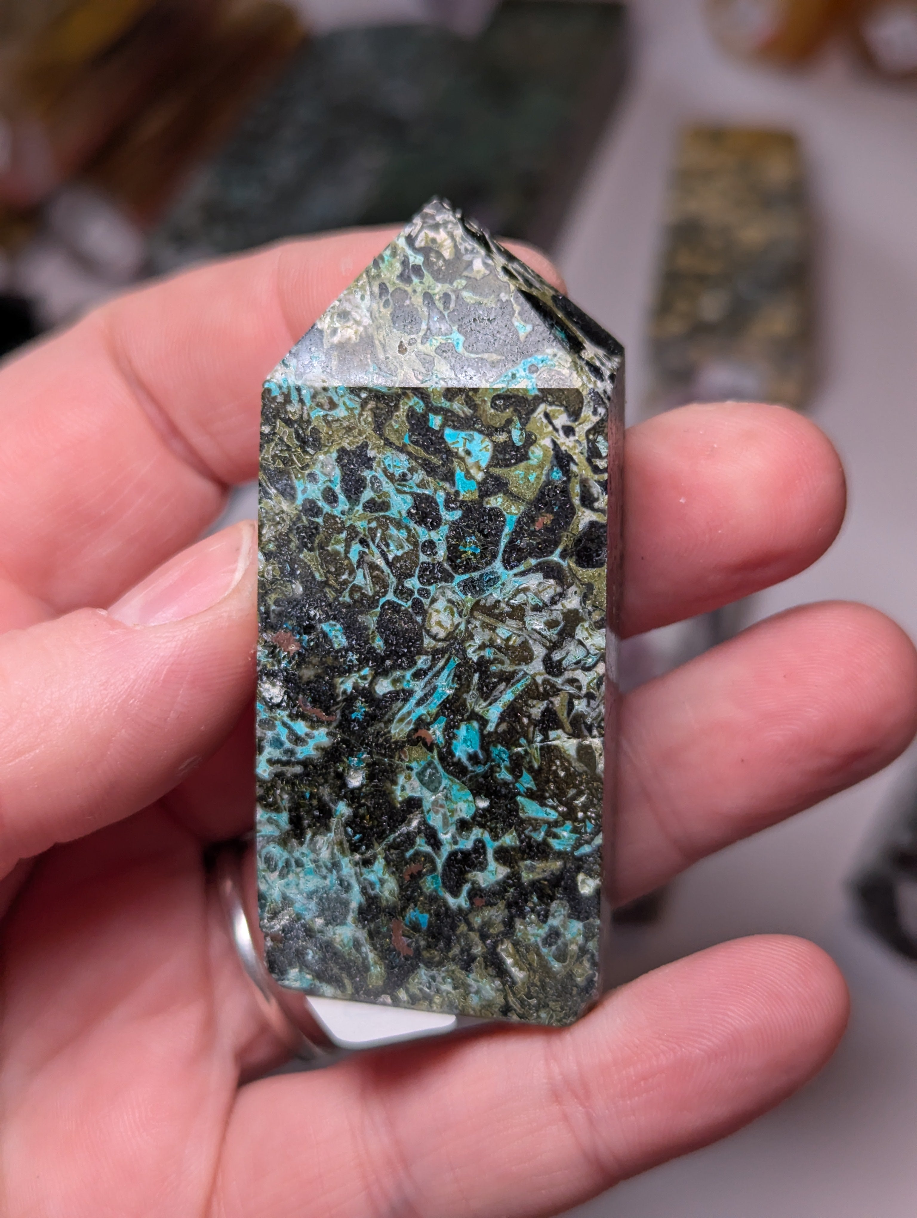 Epidote crystal with copper tower
