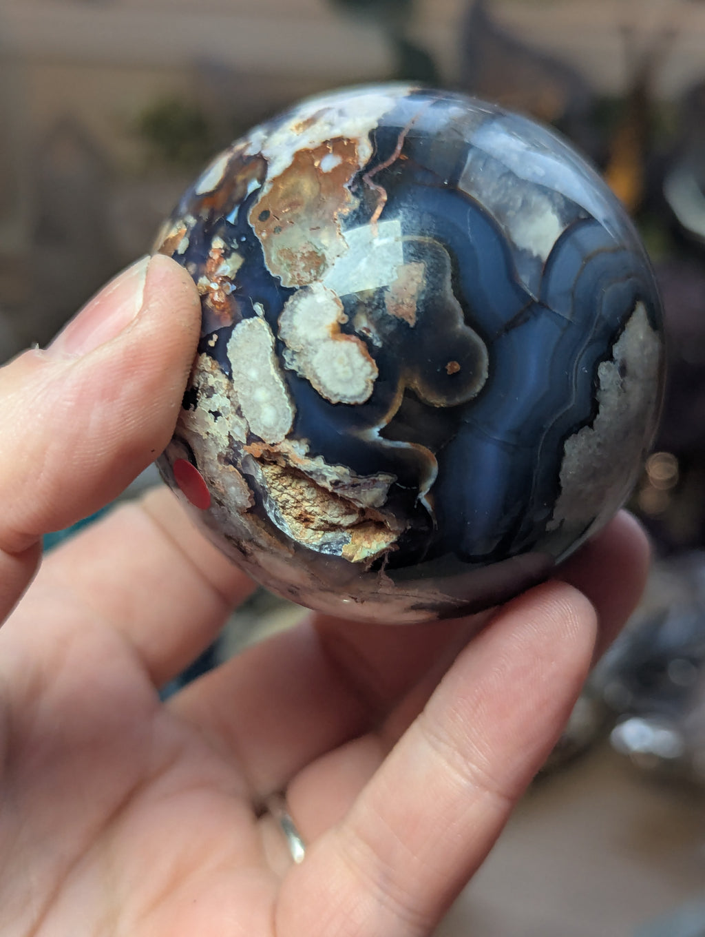 Blue  flower agate crystal sphere with stand