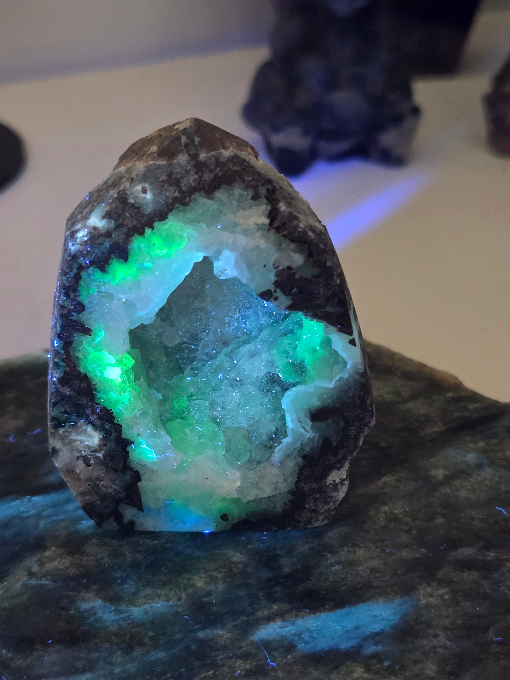 Green UV mexican agate crystal tower geode