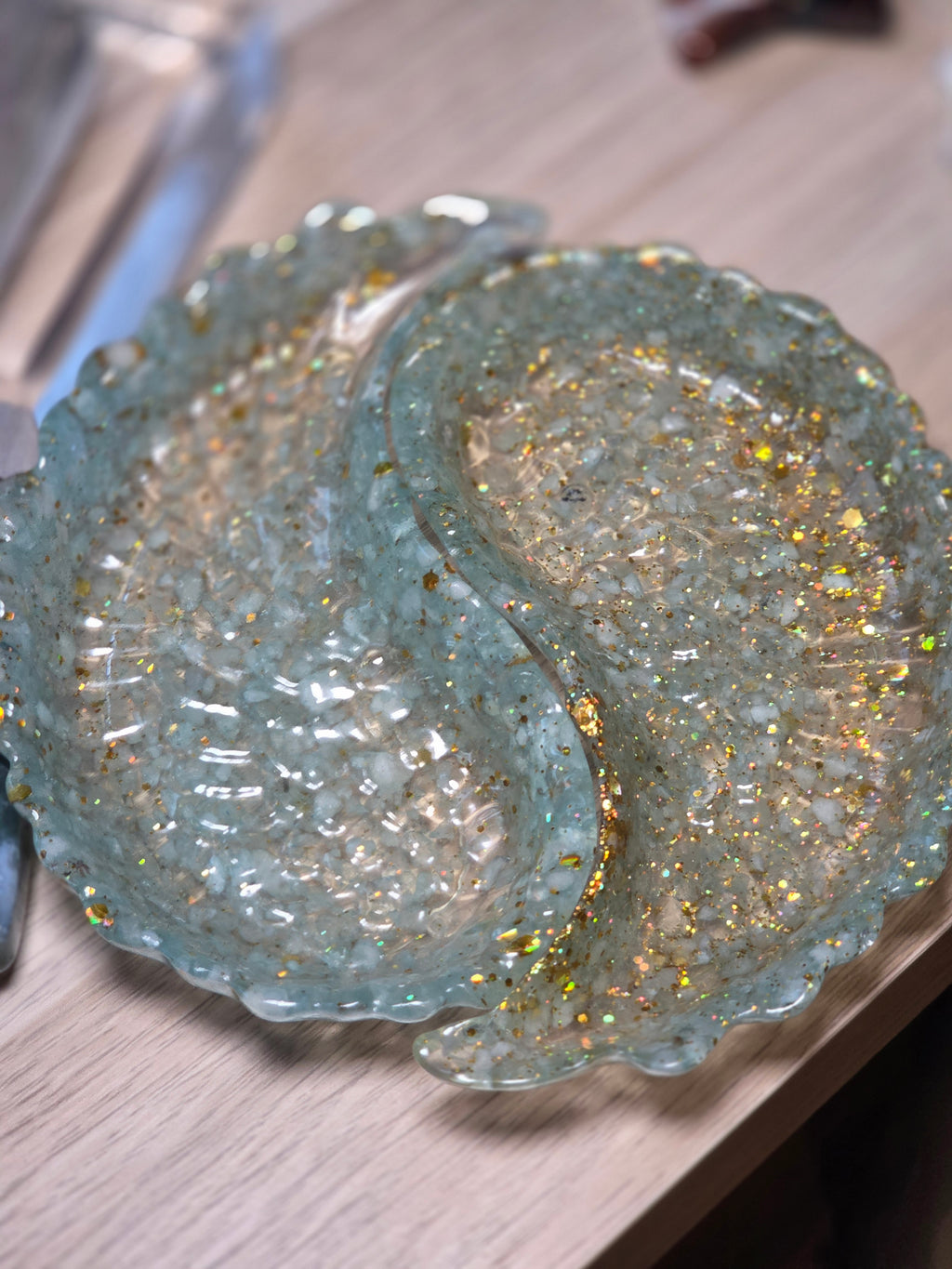 Aquamarine crystal  chips set in resin set of 2 bowls