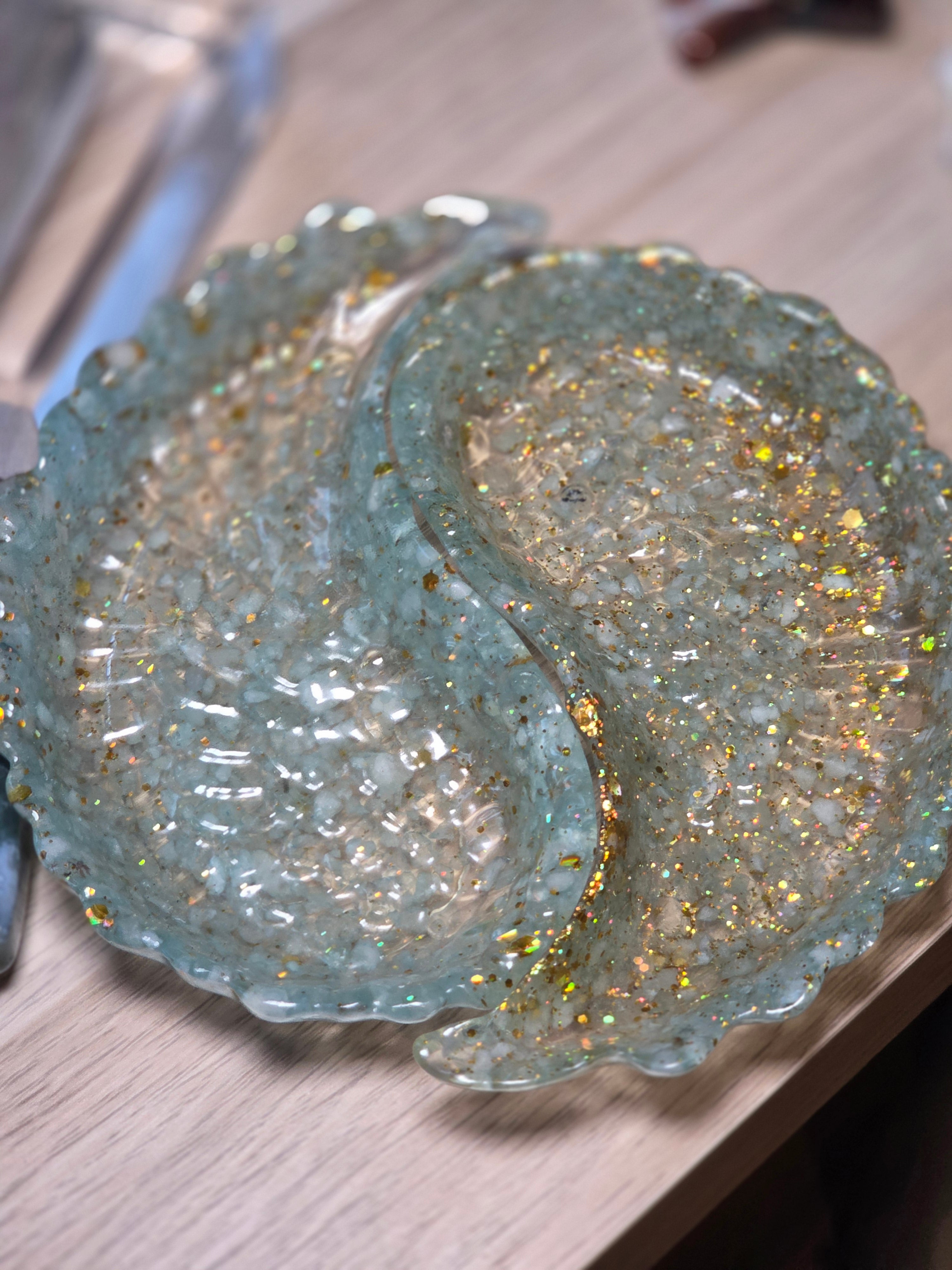 Aquamarine crystal  chips set in resin set of 2 bowls