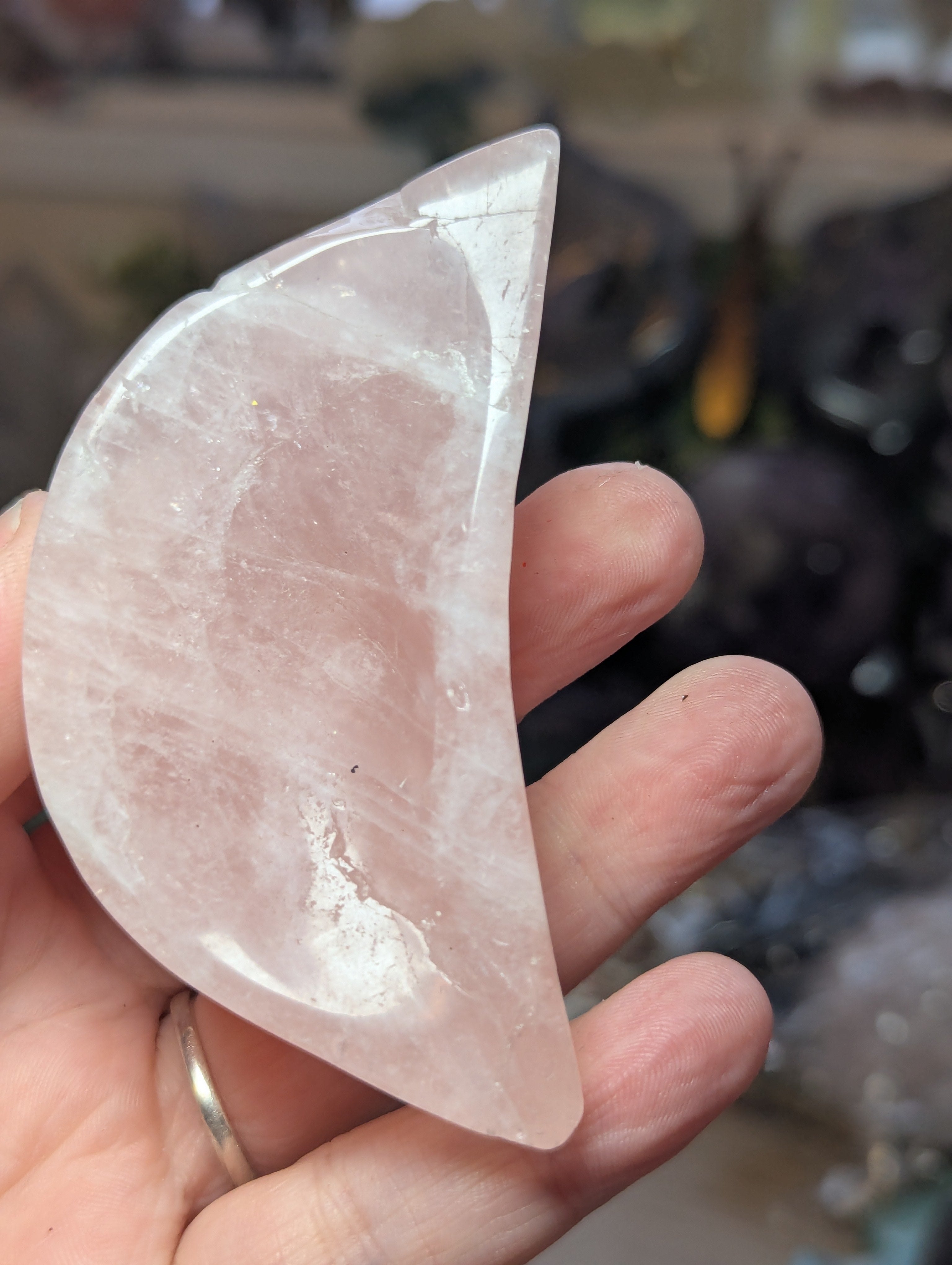 Rose quartz crystal dish with imperfections