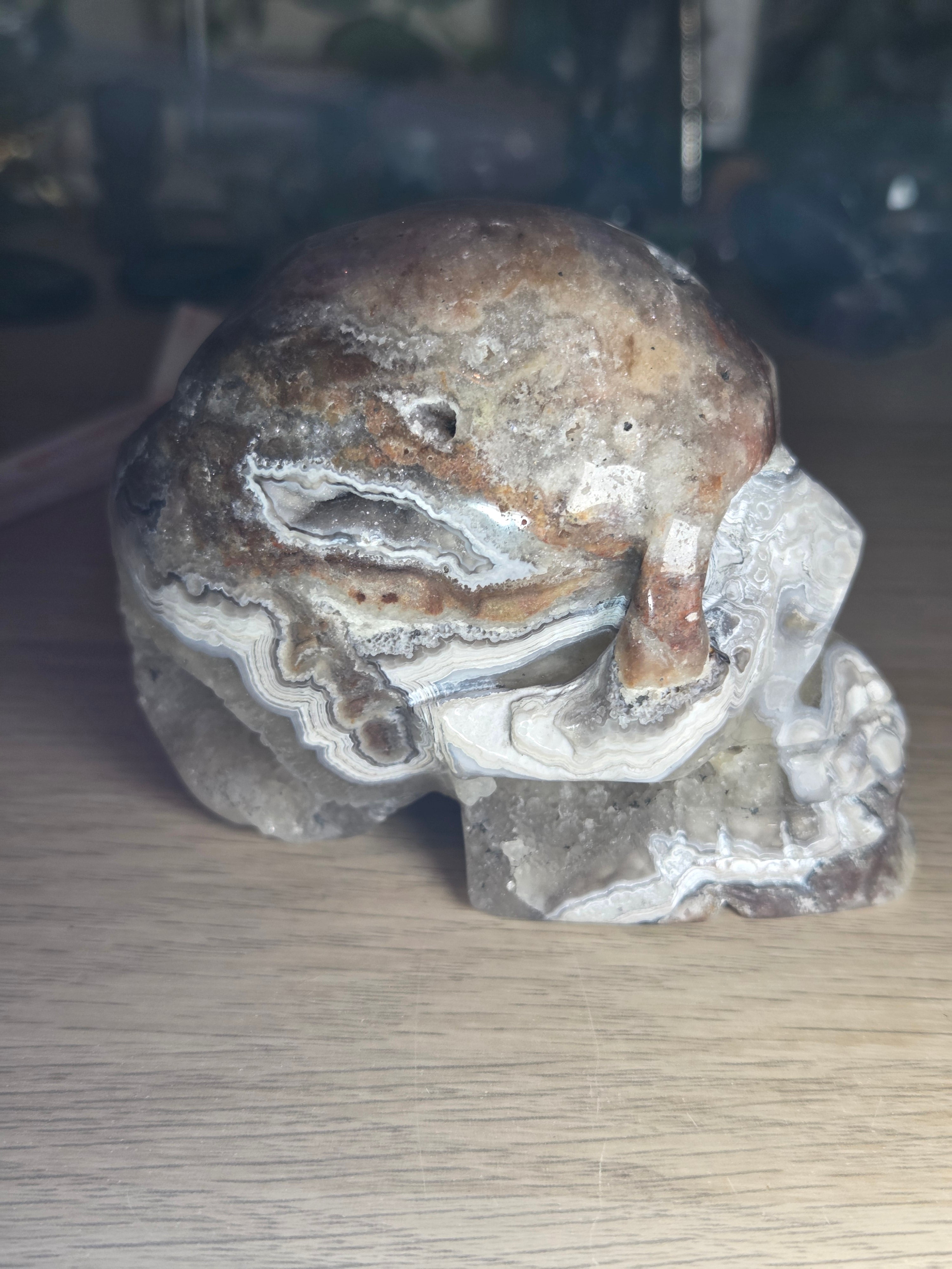 Mexican crazy agate crystal Skull  with open Duzy carving
