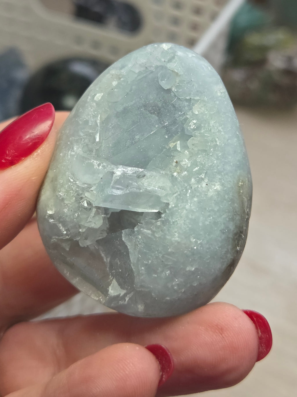 Blue celicite crystal egg carving specimen