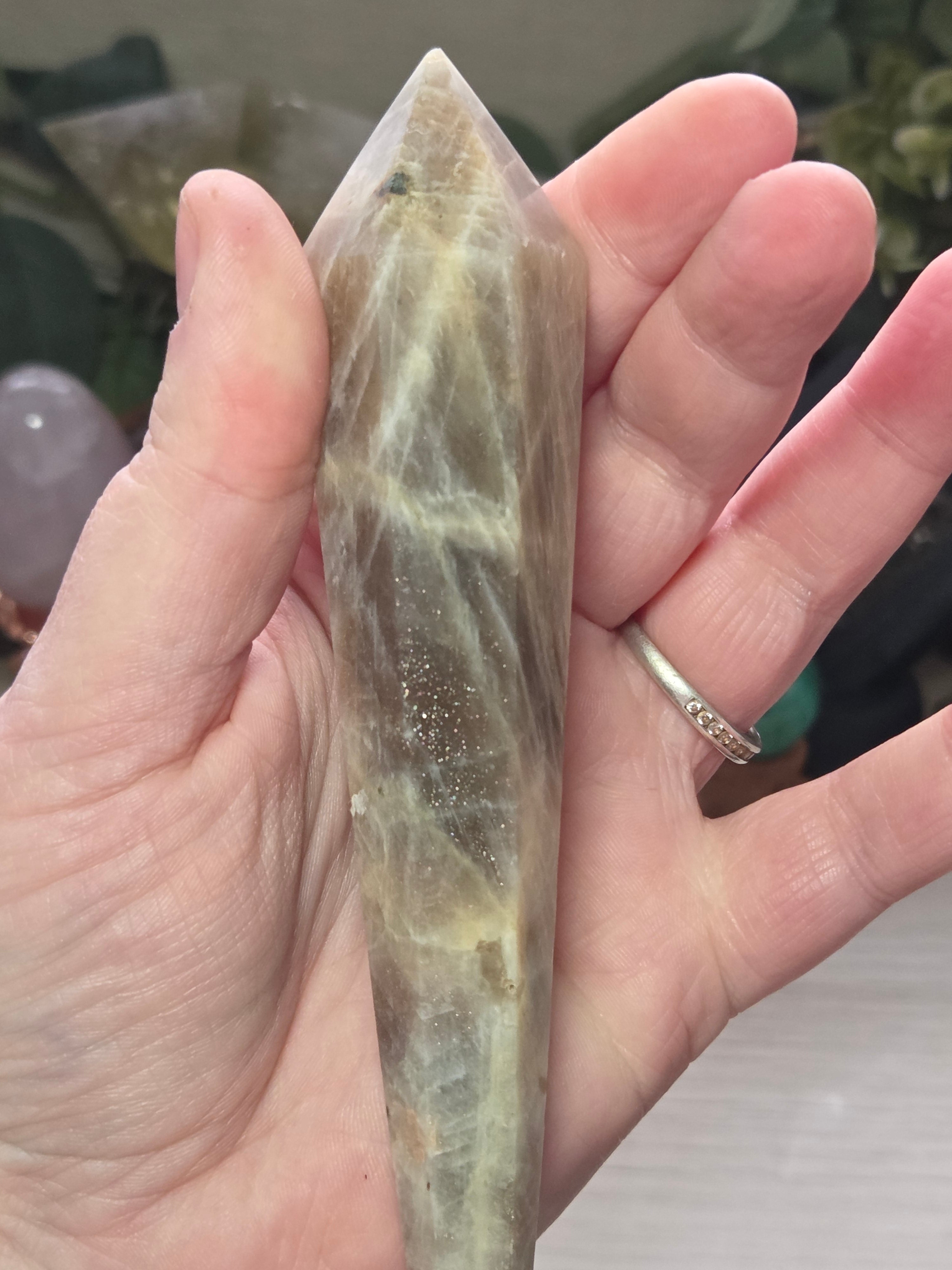 Rainbow moonstone and sunstone crystal wand carving with stand