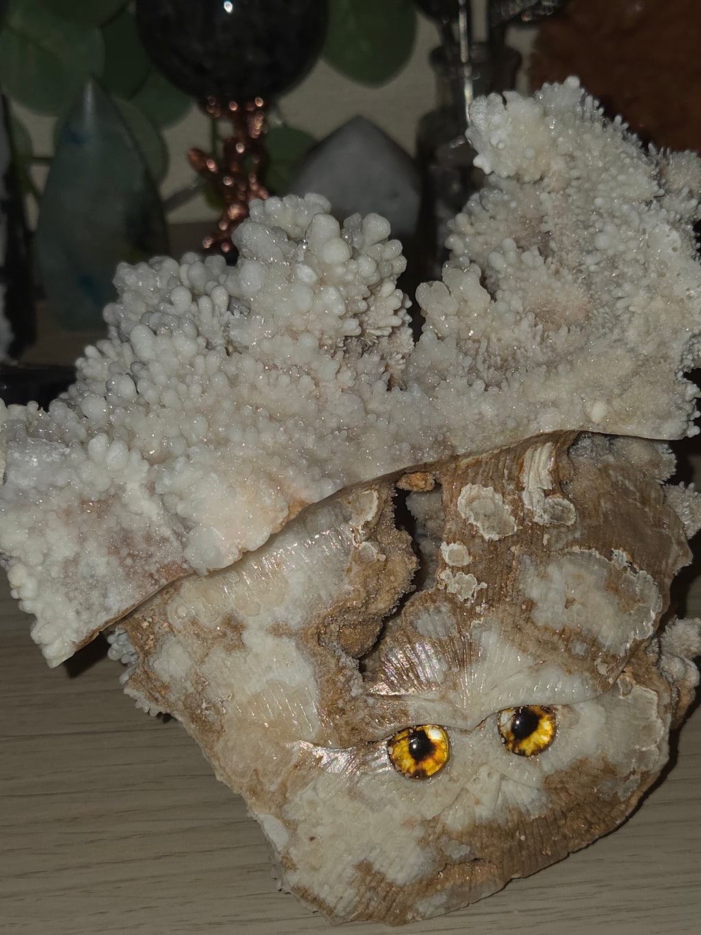 Selestite crystal owl carving