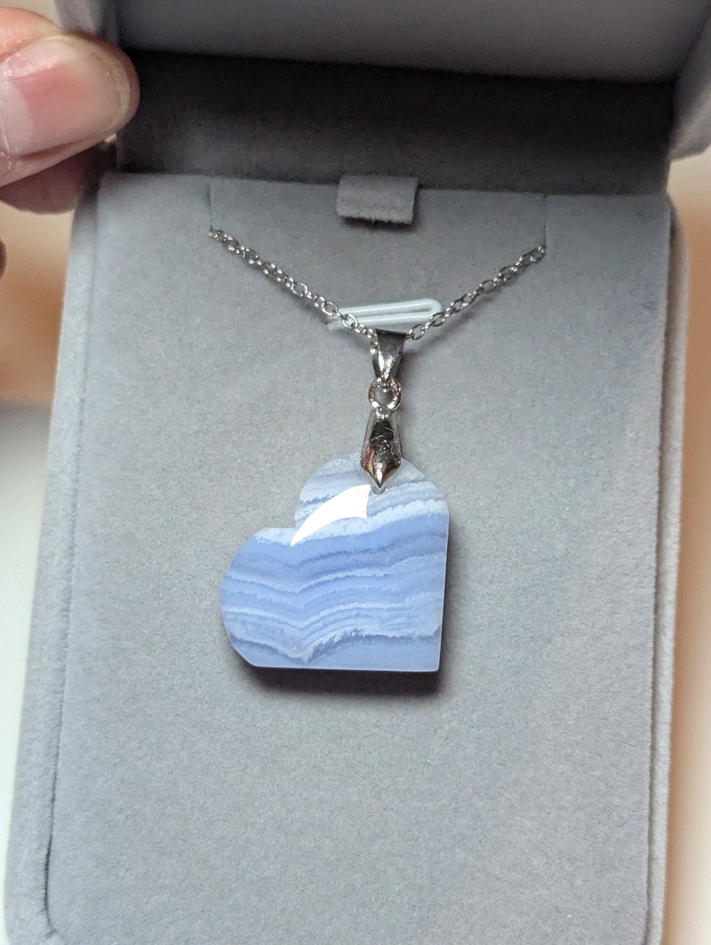 Blue lace Crystal heart carving handmade necklace