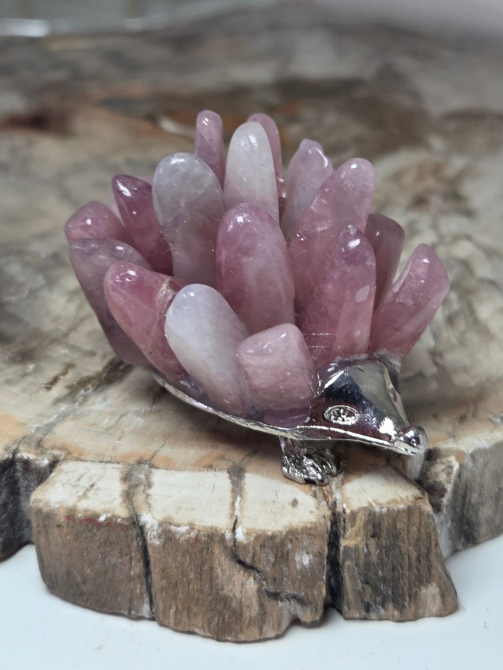 Rose quartz crystal hedgehog carving