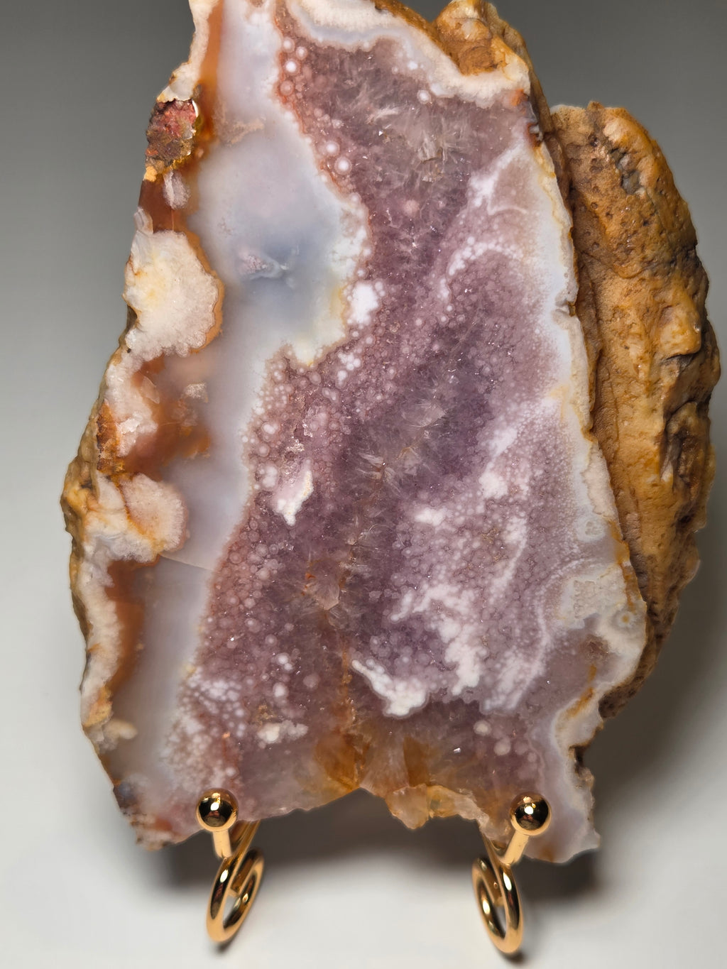 Pink and purple flower Amethyst crystal slice with stand