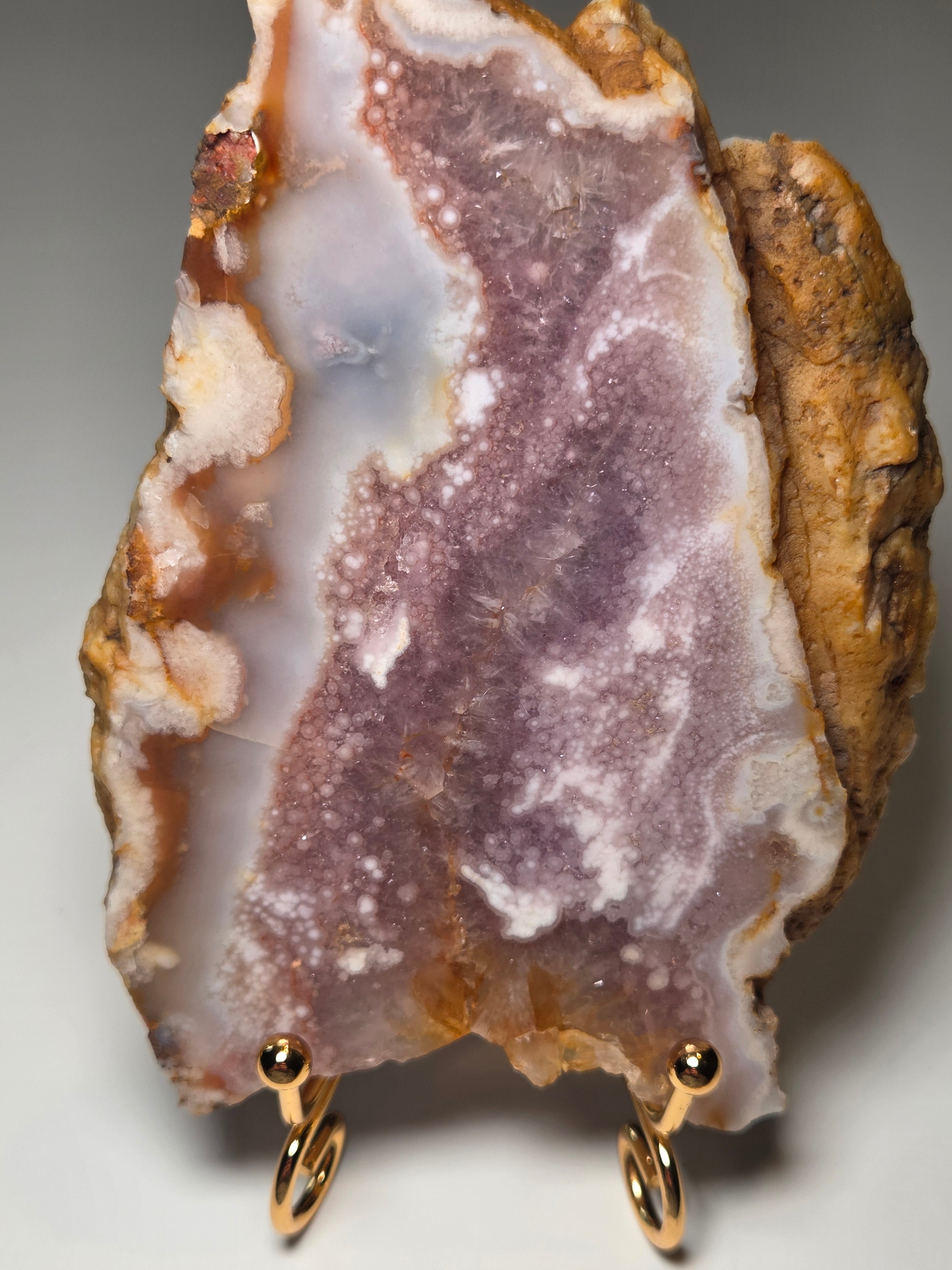 Pink and purple flower Amethyst crystal slice with stand