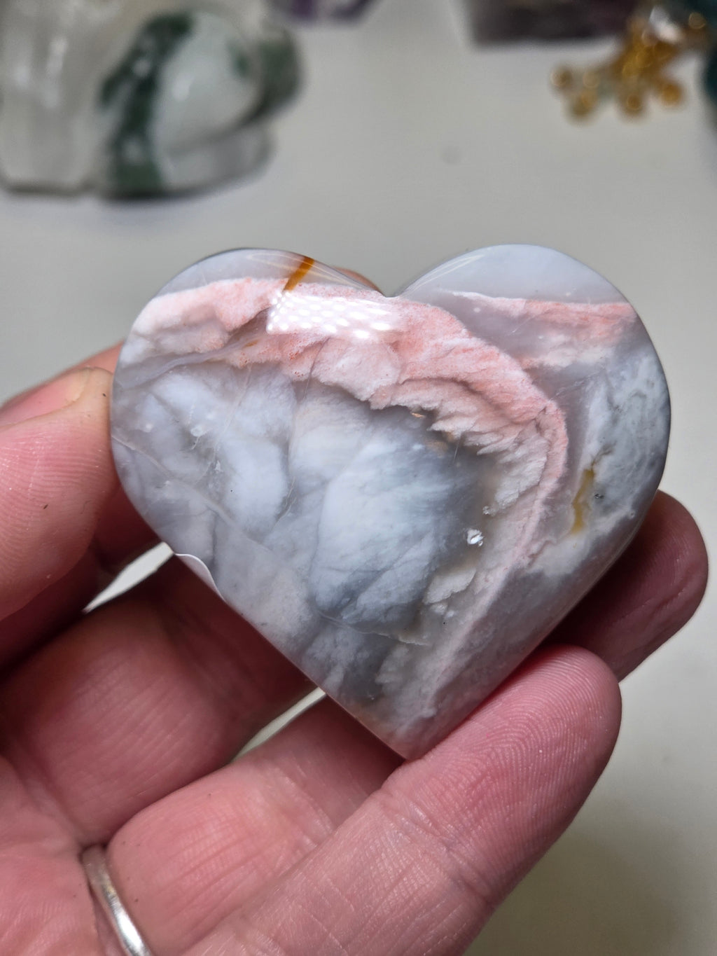 Pink petrified wood crystal heart carving