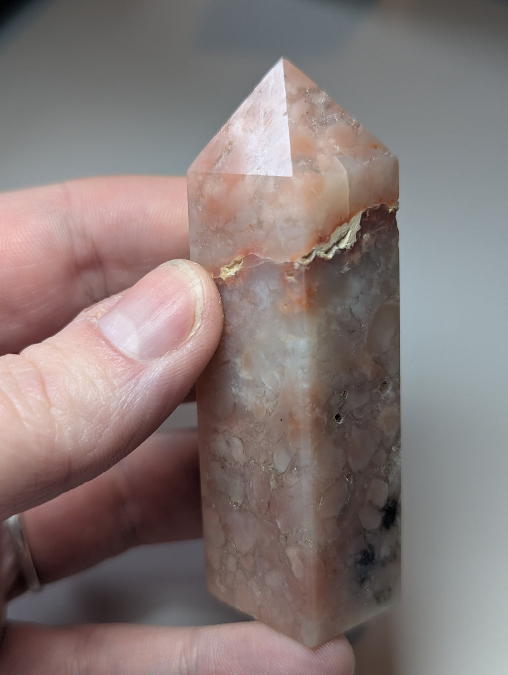 Cotton candy pink agate crystal tower with imperfections