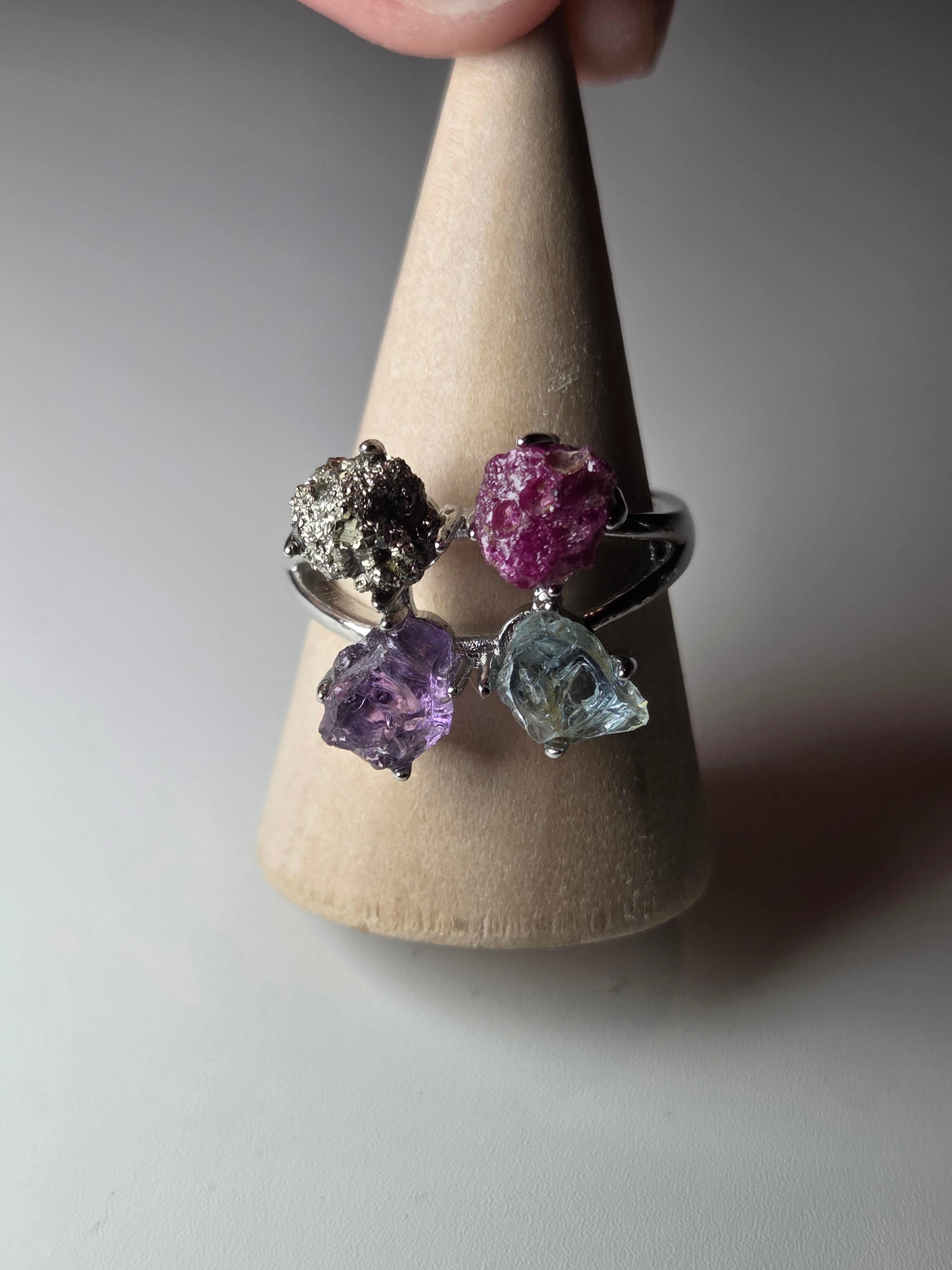 Crystal Specimen adjustable ring pyrite amethyst ruby aquamarine