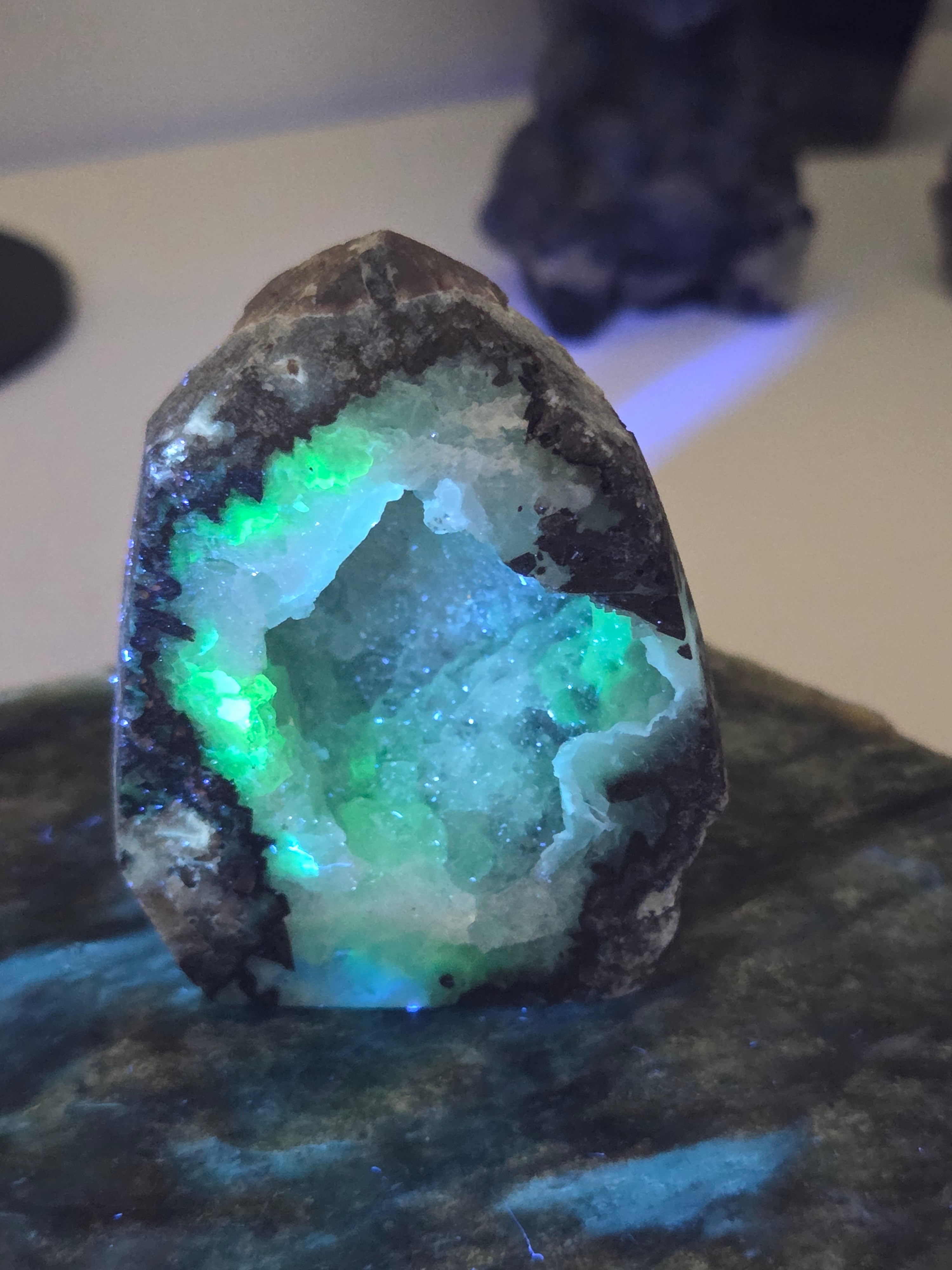 Green UV mexican agate crystal tower geode
