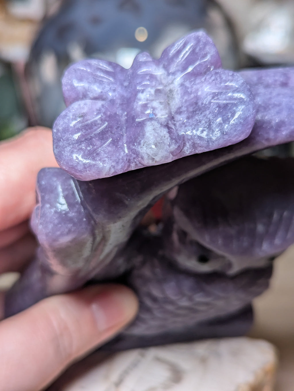 Lepidolite crystal owl with butterfly carving