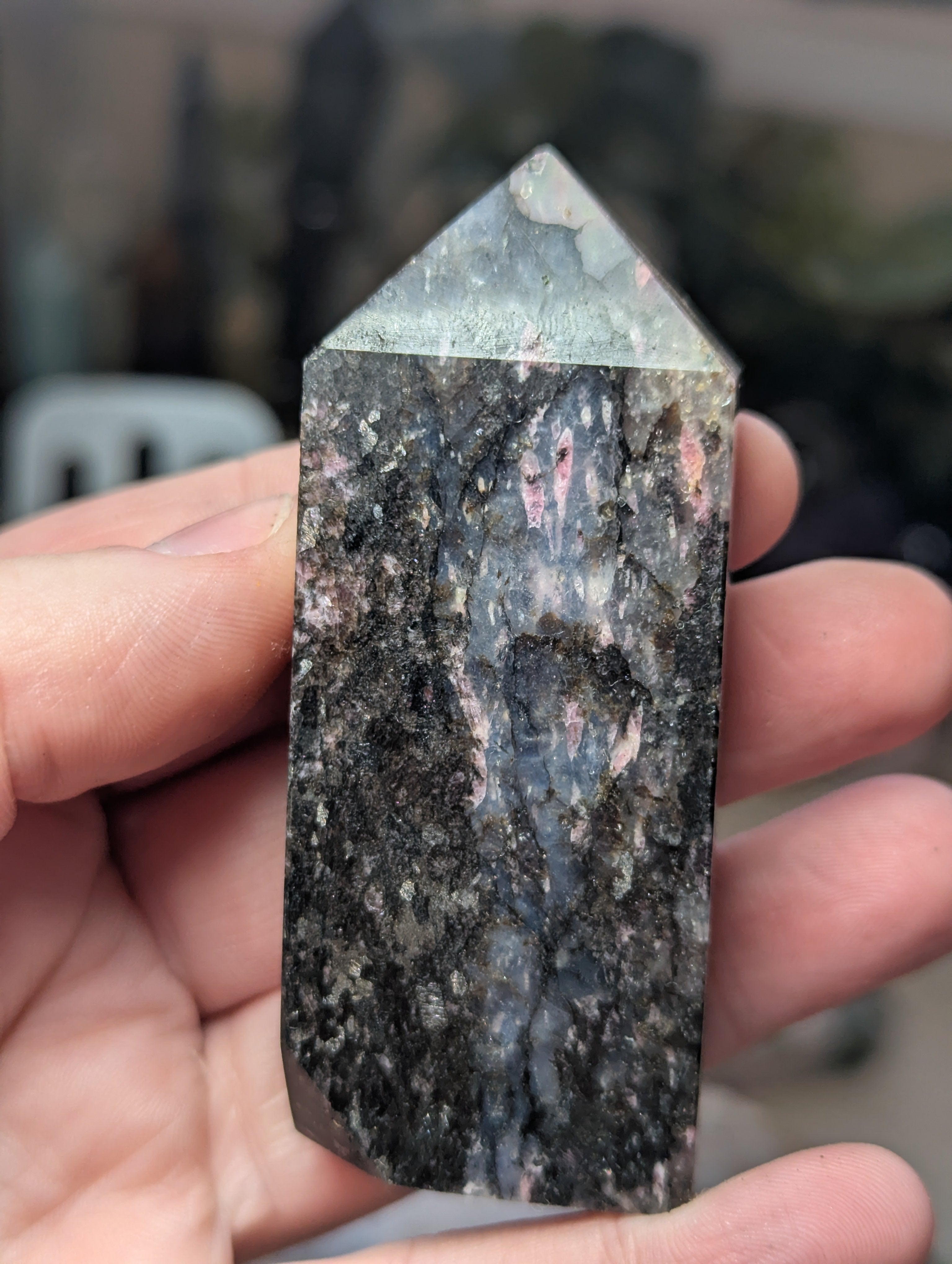 Black Tourmaline  with icey rhodonite tower