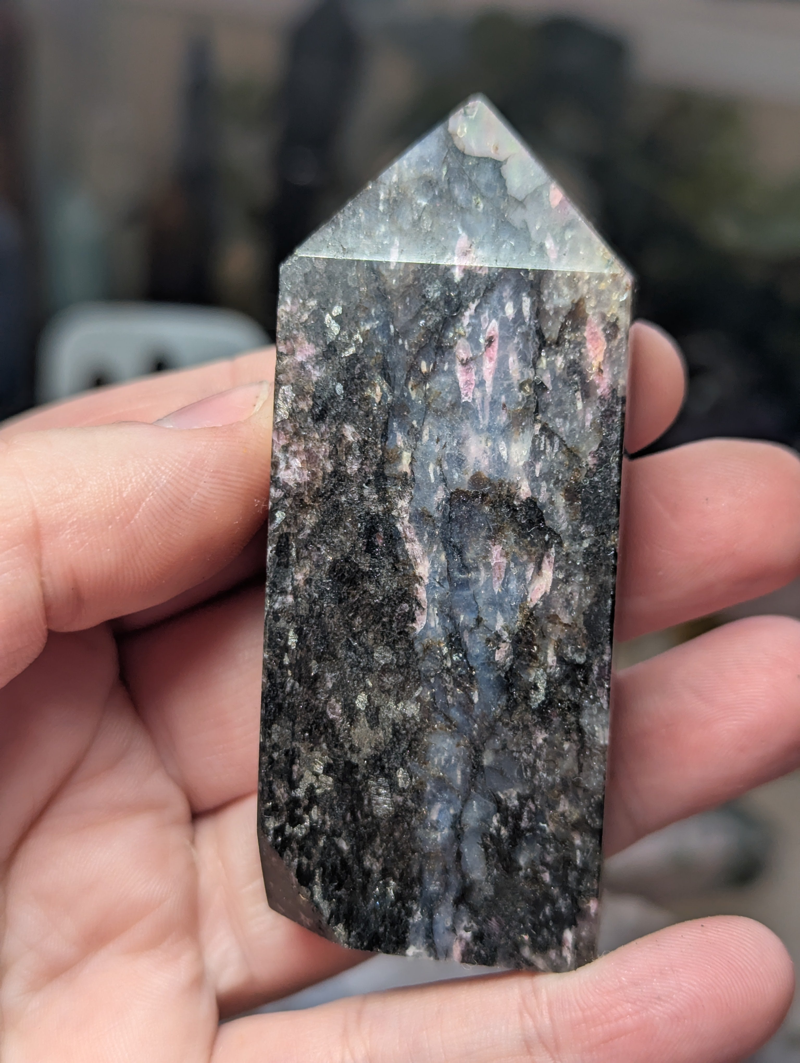 Black Tourmaline  with icey rhodonite tower