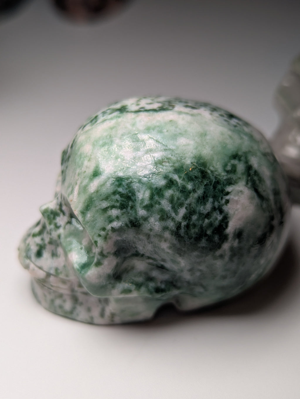 Green spotted Jasper crystal skull