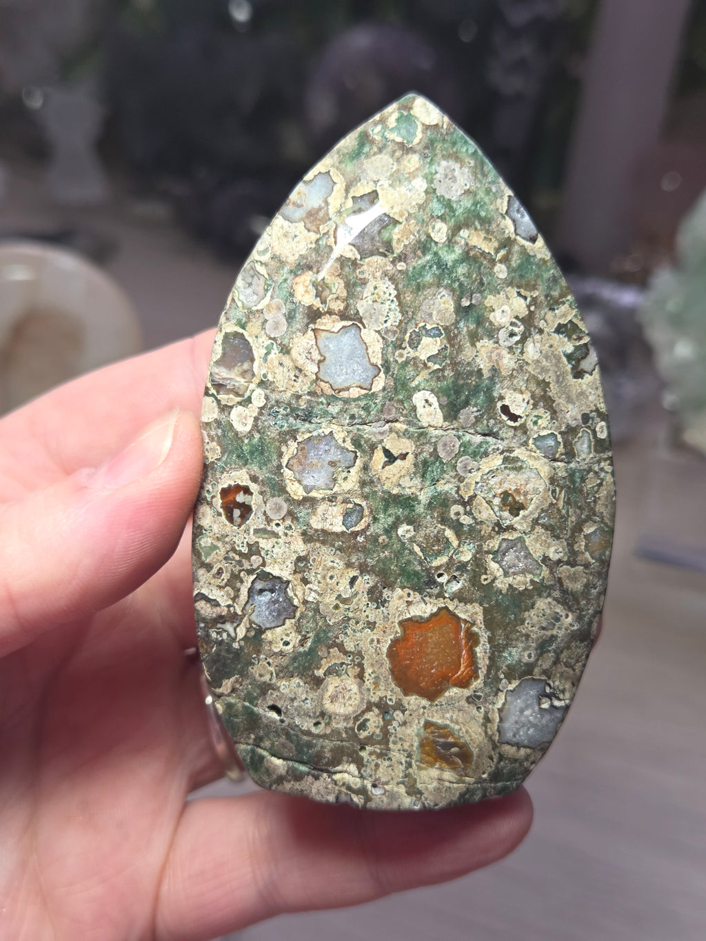 Green flower jasper crystal tear drop