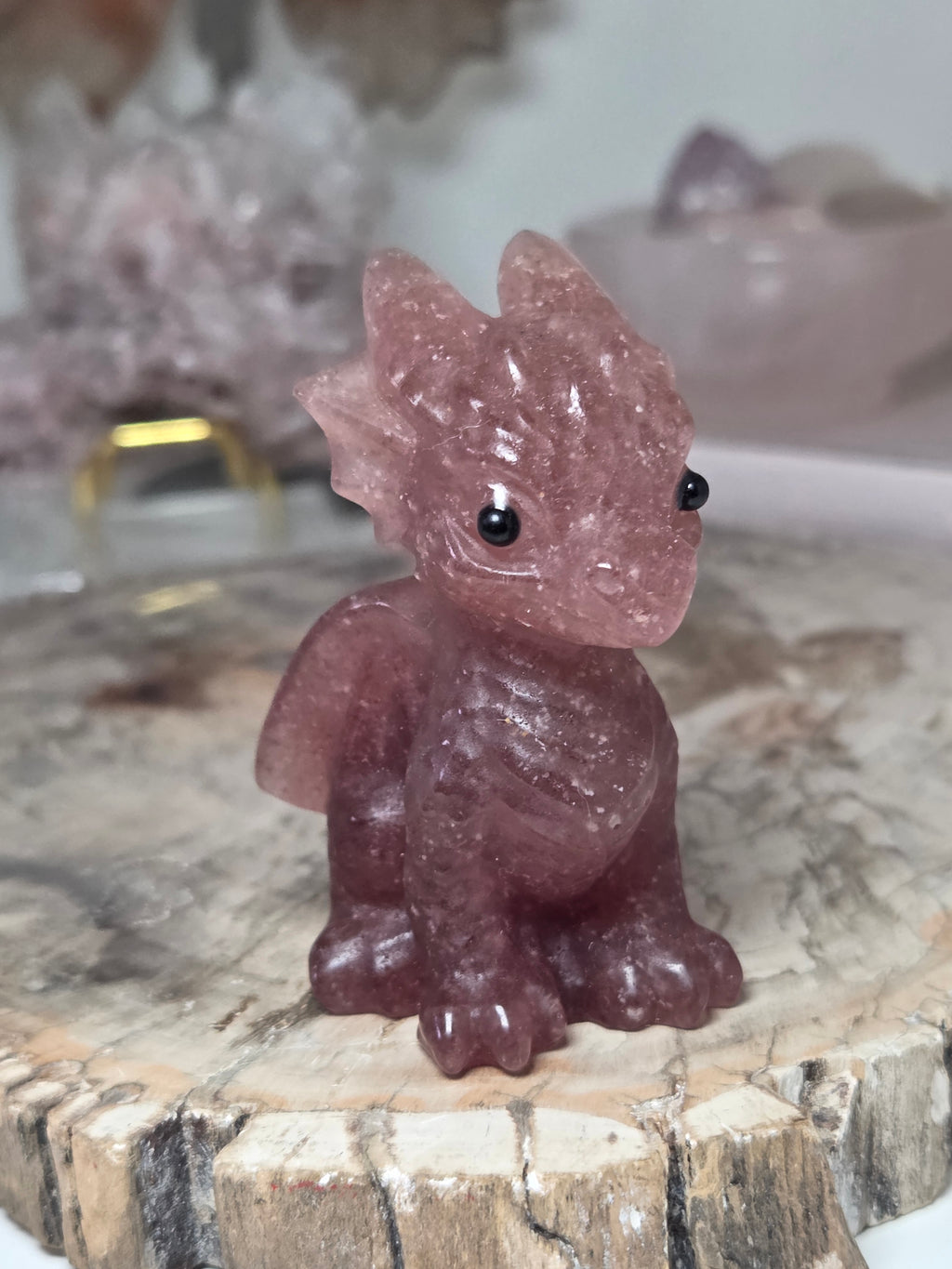 Strawberry quartz crystal dragon carving