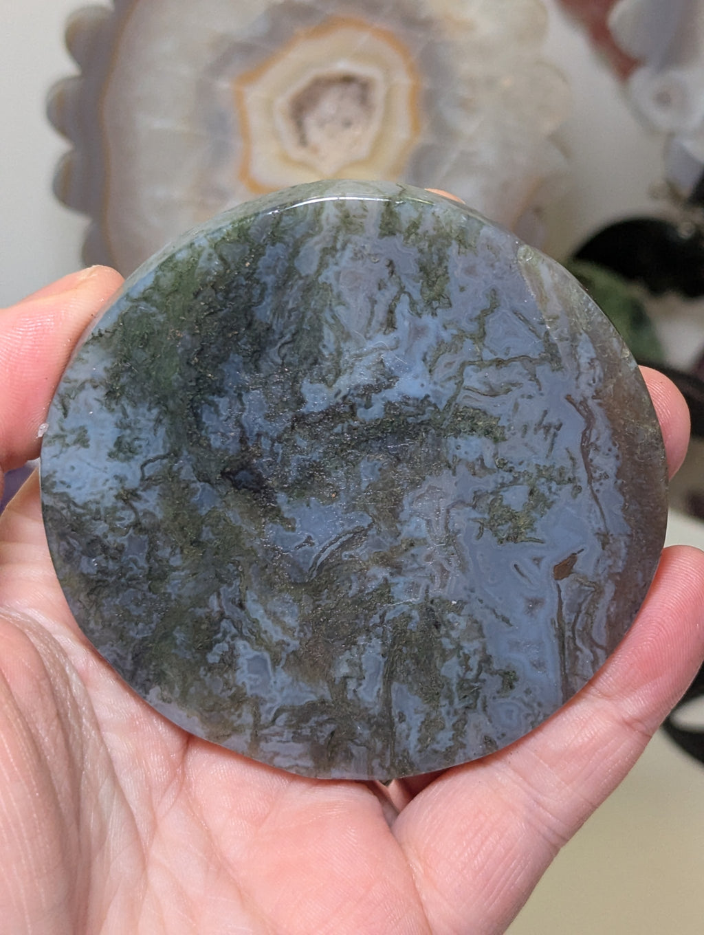 Blue moss agate crystal slice