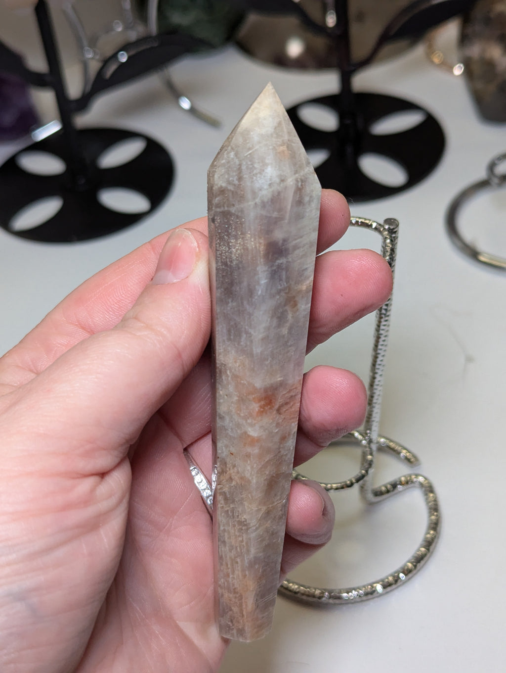 Sunstone and moonstone crystal wand with stand