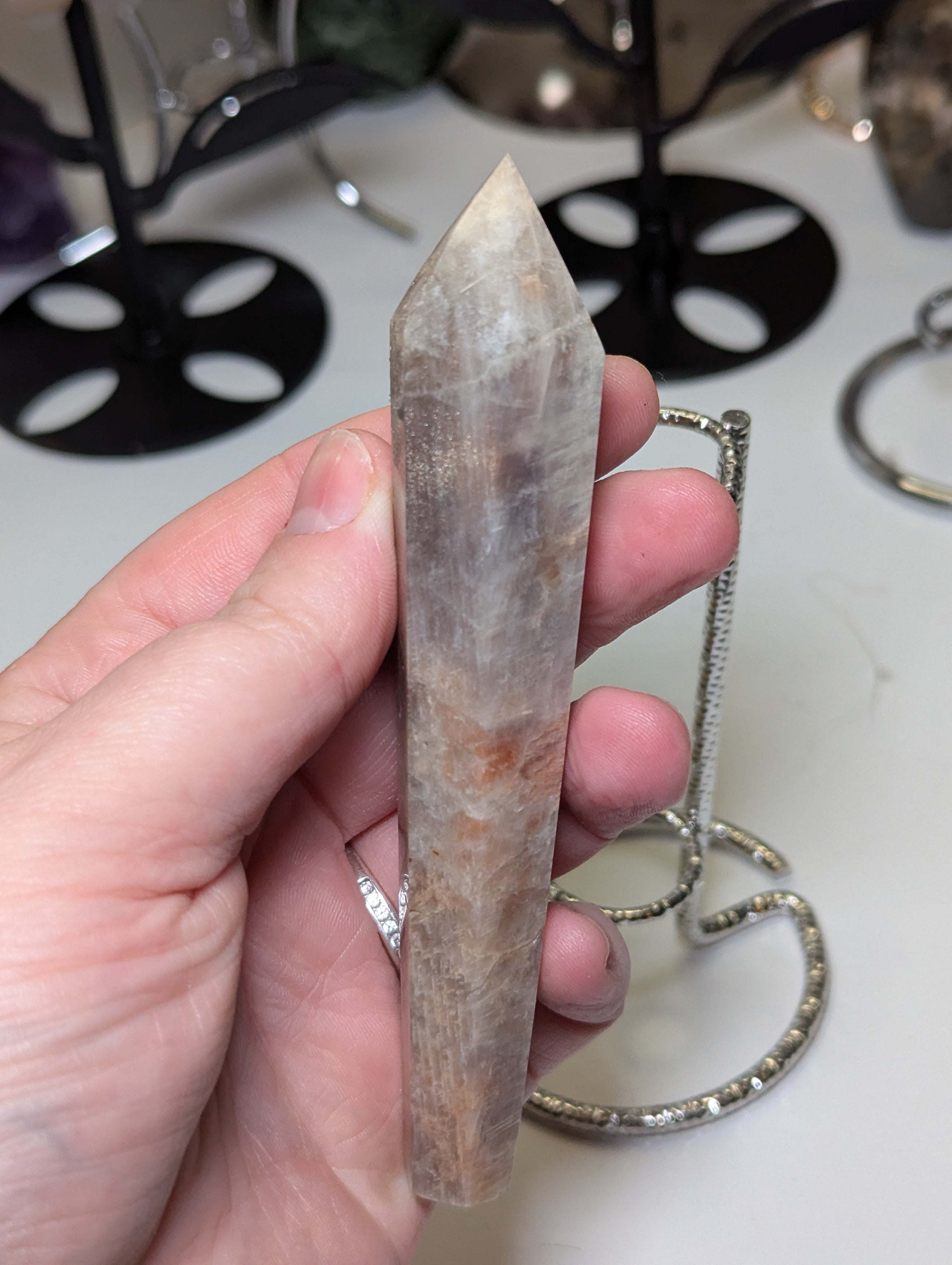 Sunstone and moonstone crystal wand with stand