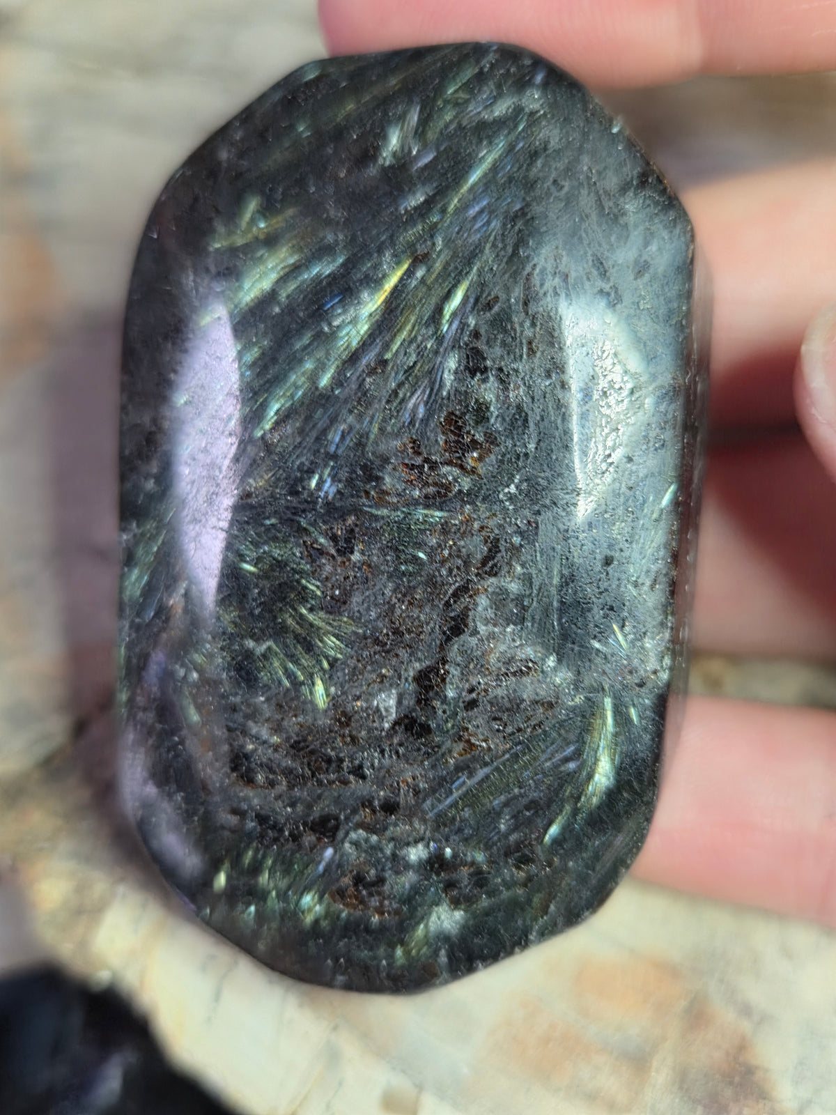 Astrophyllite crystal palm stone