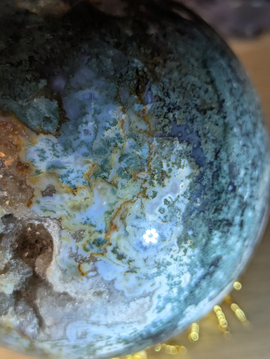 New 50% off on check out XL Moss Agate crystal sphere with stand over 13cm