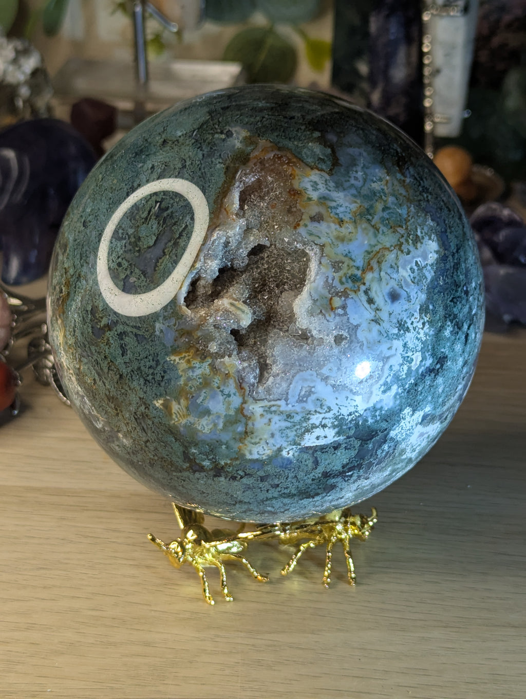 New 50% off on check out XL Moss Agate crystal sphere with stand over 13cm