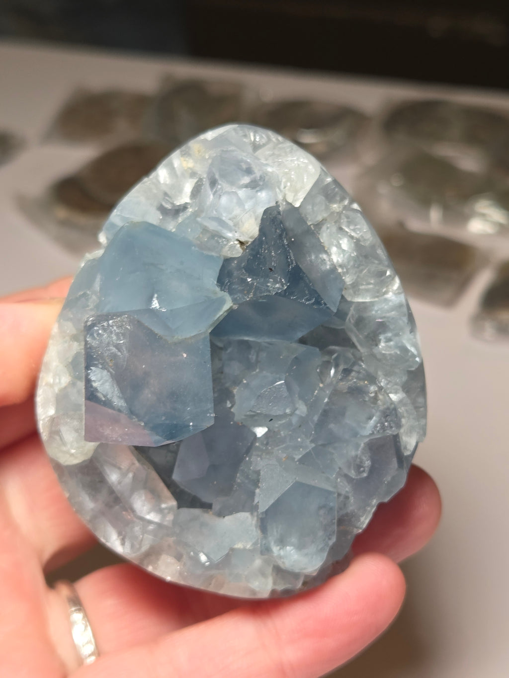 Blue calcite crystal Egg carving
