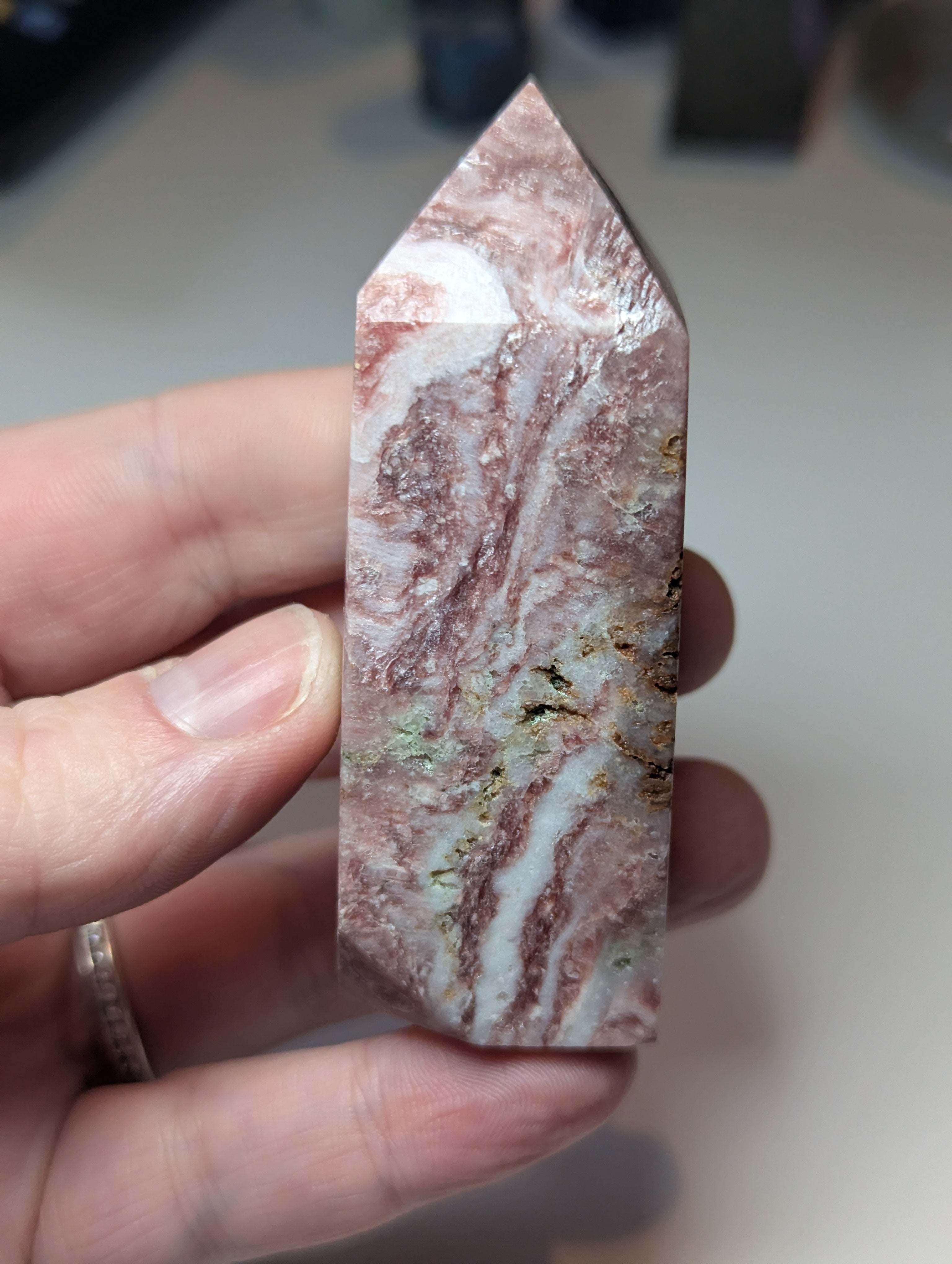 Pink mica crystal tower with imperfections
