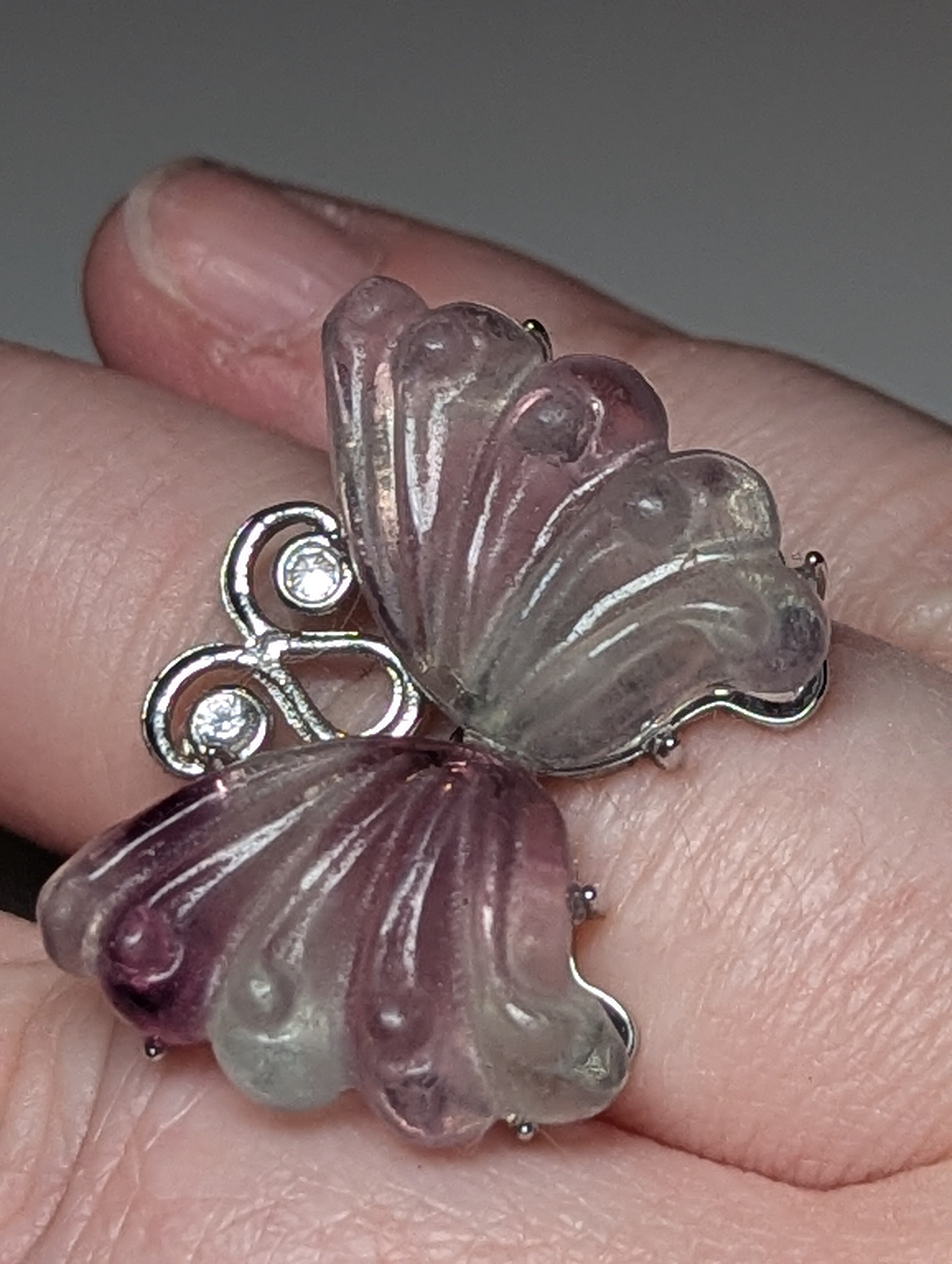 Flourite crystal butterfly carving Adjustable ring