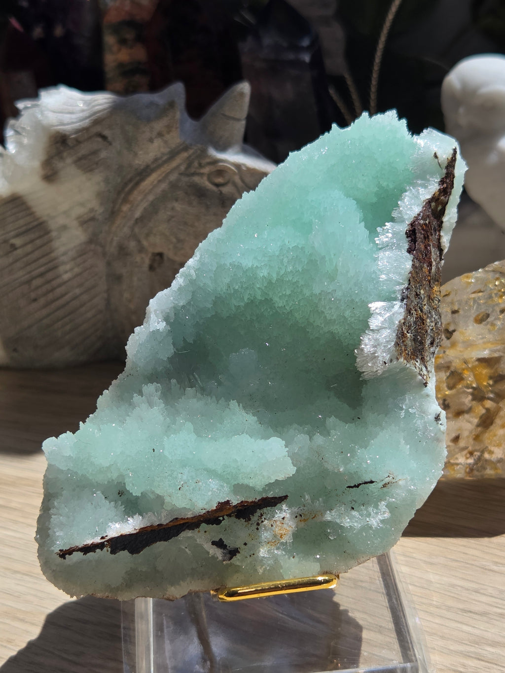 Blue aragonite mineral specimen raw with stand