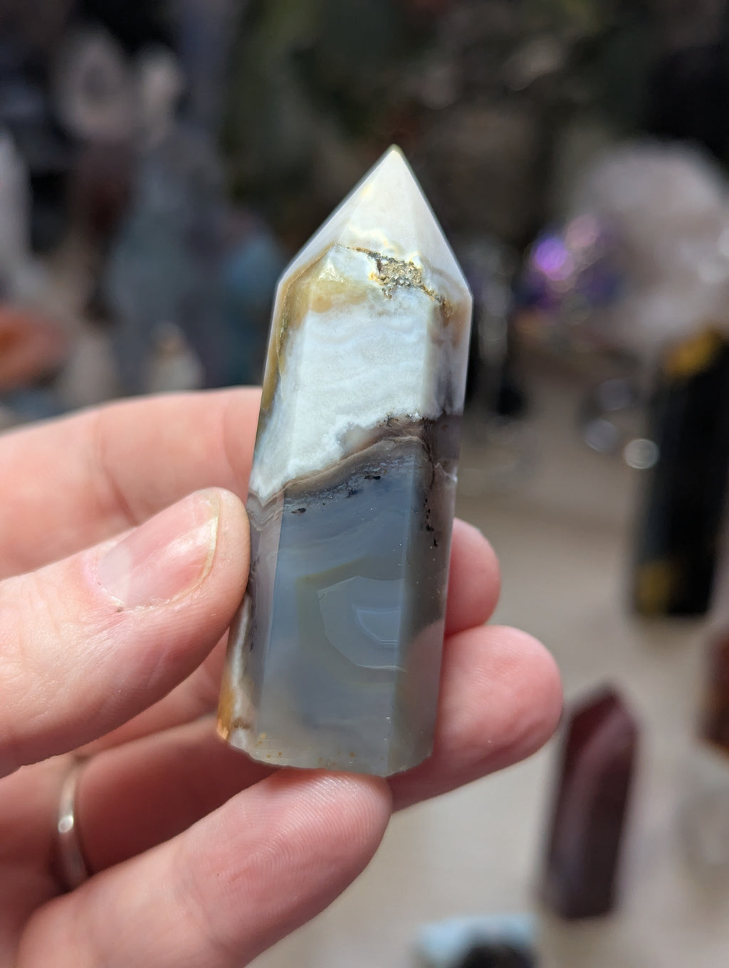 Black flower agate crystal tower